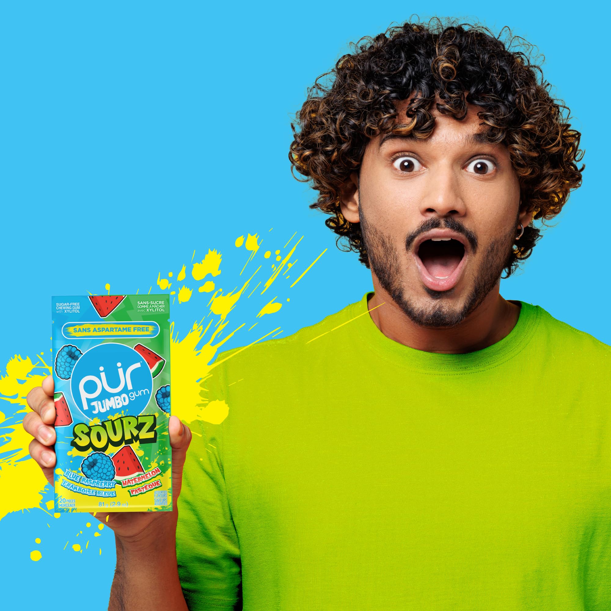 PUR Jumbo SOURZ Gum | Aspartame Free Chewing Gum | 100% Xylitol | Natural Flavour | Sour Blue Raspberry, Sour Watermelon, 20 Pieces (Pack of 3)