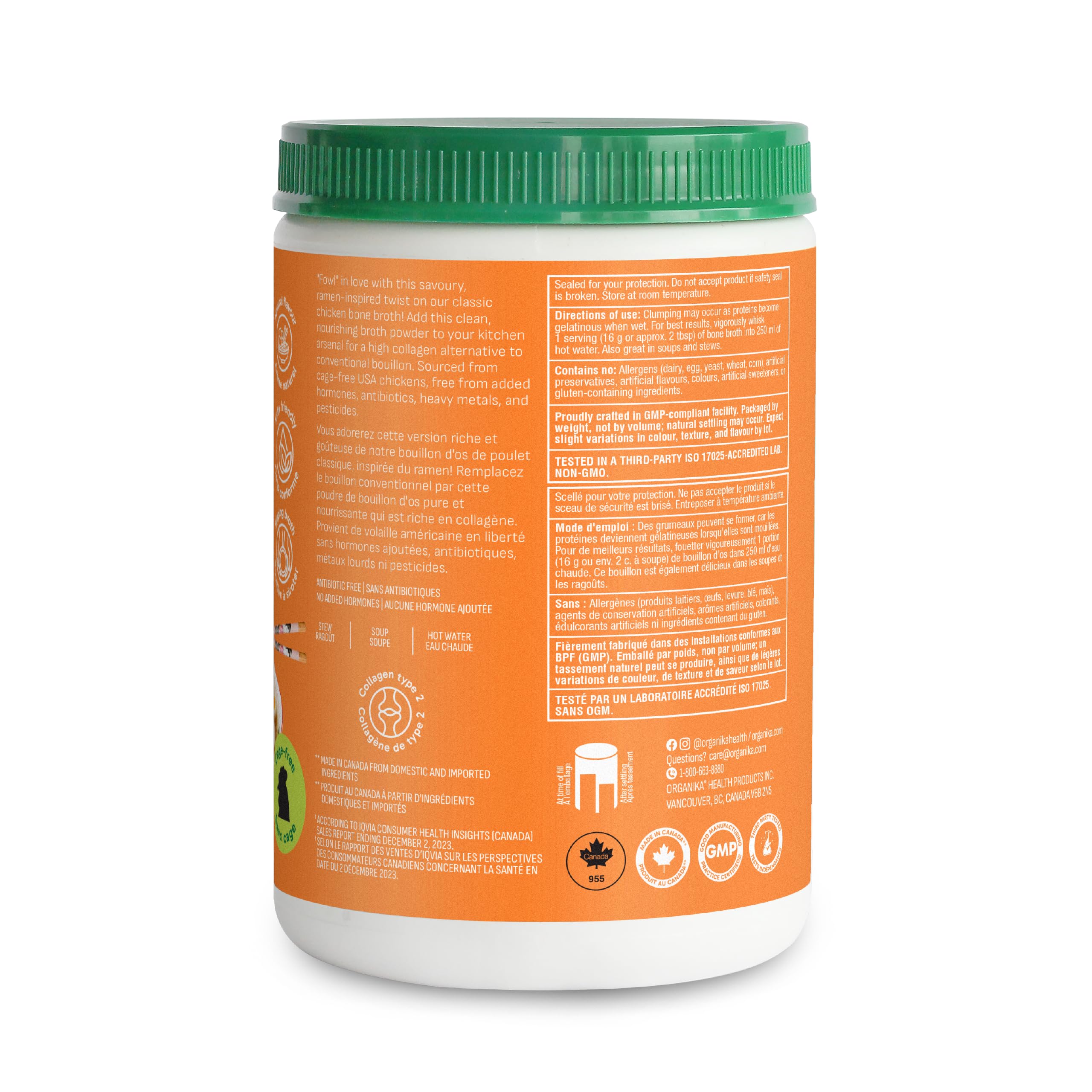 Organika Canadian-Made Chicken Bone Broth Powder Ramen Flavour-15g Protein Per Serving, Mineral-Rich, Convenient Powder Format, Keto | Free-Run, Non-GMO and Organic Vegetarian Fed-Chickens- 300g