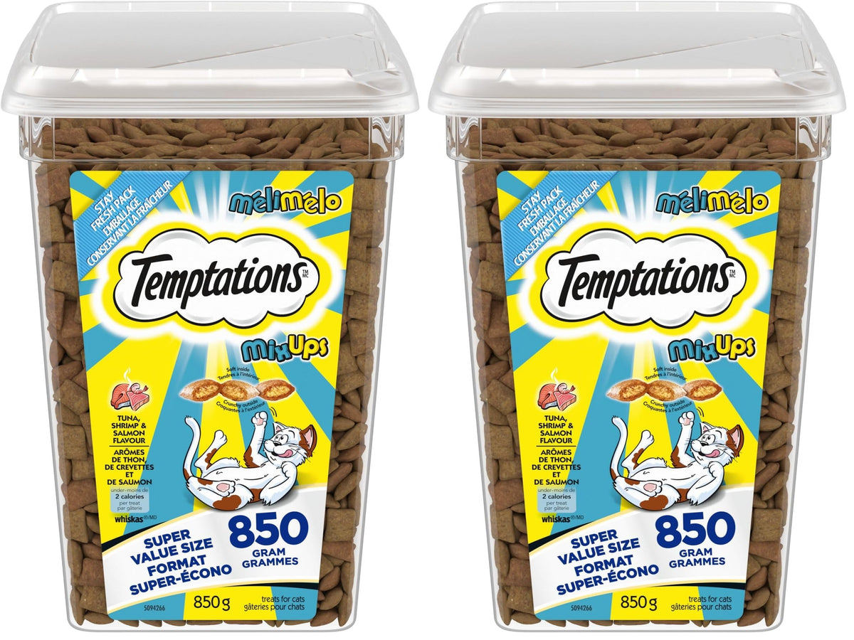 TEMPTATIONS Mix-Ups Adult Cat Treats Tuna, Shrimp & Salmon Flavour, 850g Tub (Pack of 2)
