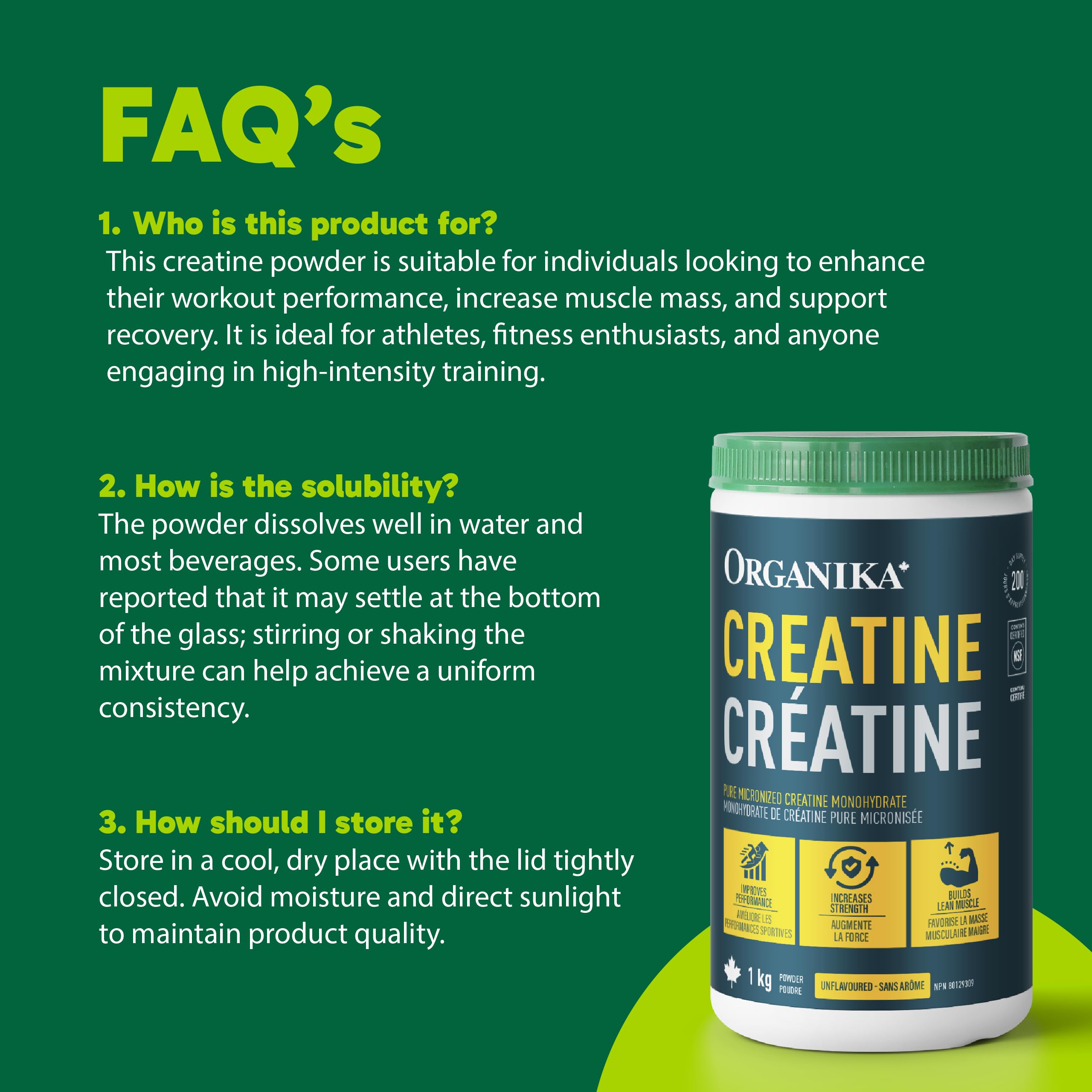 Organika Canadian-Made Creatine Powder - Pure Micronized Creatine Monohydrate - NSF Certified - Supports Strength, Muscle, Recovery and Performance for Men and Women - Unflavoured - 1KG, 200 servings