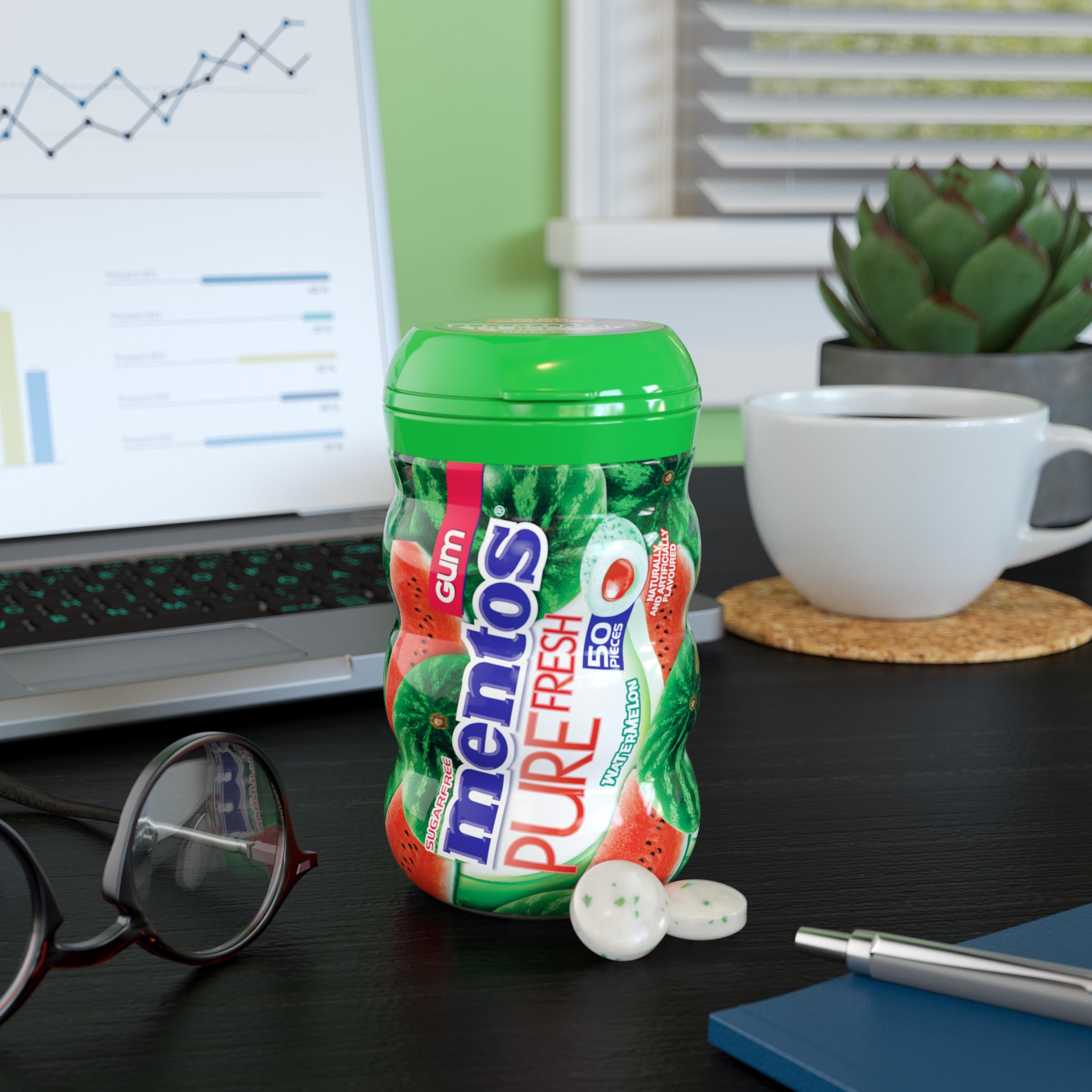 Mentos Pure Fresh, Watermelon Sugar-free Gum - Pack of 6 Bottles (300 Pieces)
