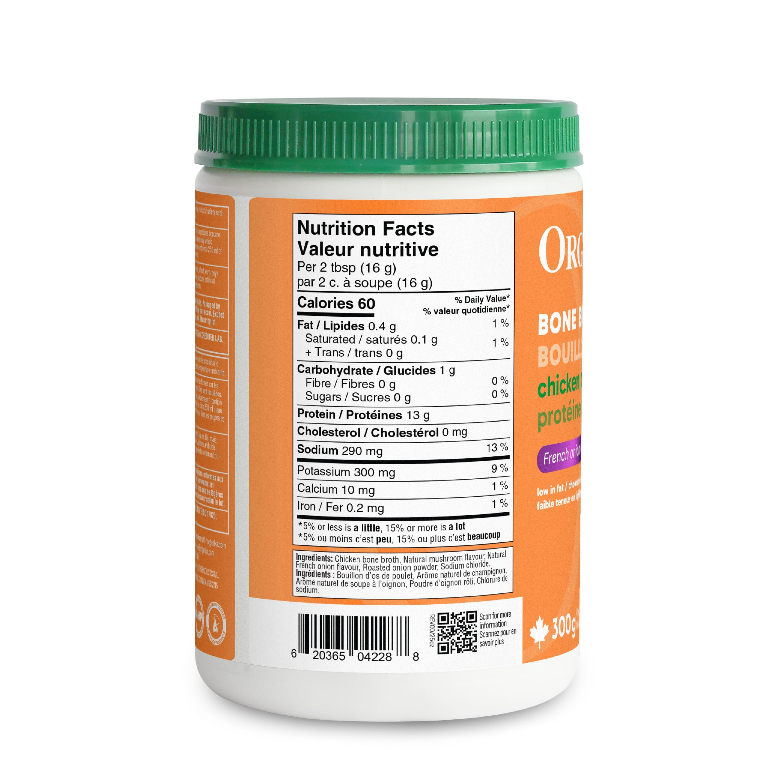 Organika Canadian-Made Chicken Bone Broth Powder French Onion Flavour-15g Protein Per Serving, Mineral-Rich, Convenient Powder Format, Keto|Free-Run, Non-GMO and Organic Vegetarian Fed-Chickens- 300g