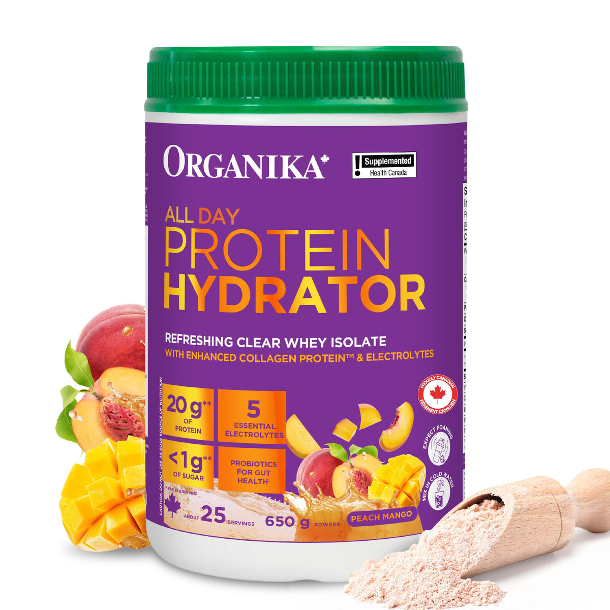 Organika Canadian-Made Protein Hydrator- Peach Mango Flavour- Clear Whey Protein Isolate with Collagen, Electrolytes, and Probiotics. Easy to Digest, 20g Protein Per Serving- 650g