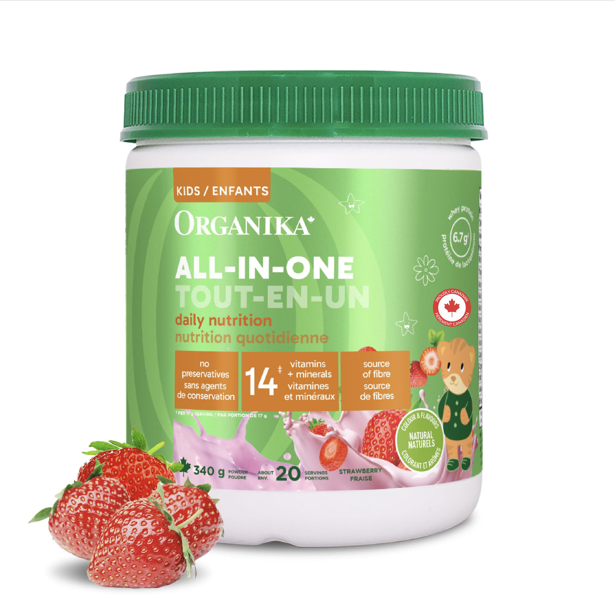 Organika Kids All-in-One Daily Nutrition Powder- Strawberry Shortcake Flavour – 6g Whey Protein + 19 Vitamins & Minerals – Prebiotic Fibre for Digestion – Complete Nutritional Drink for Kids- 340g