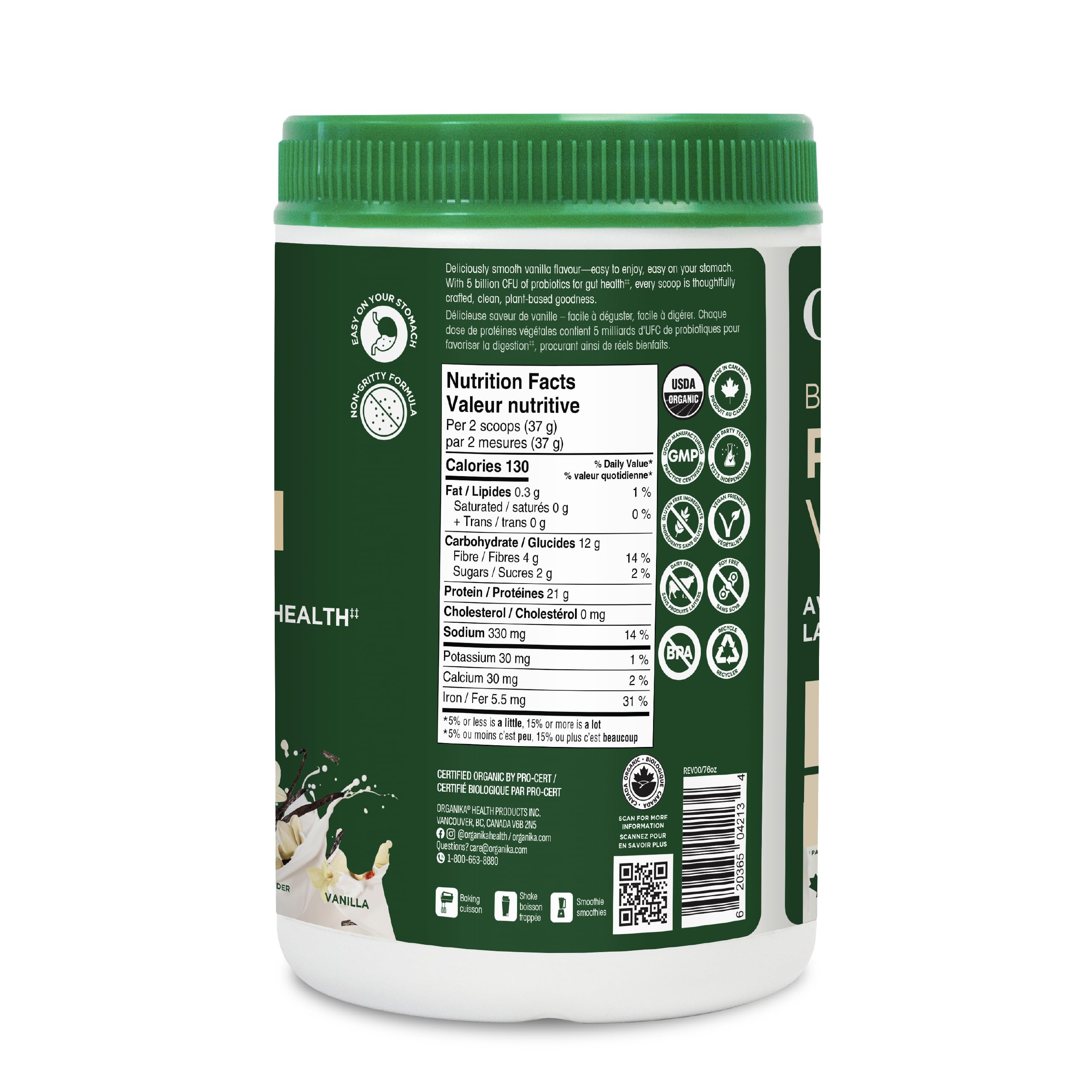 Organika Organic Plant Protein Powder Vanilla with Prebiotics & Probiotics – 21g Vegan Protein, 4g Fibre, Digestion, Energy & Lean Muscle Support – Low Sugar, Dairy-Free, Non-GMO – 740g