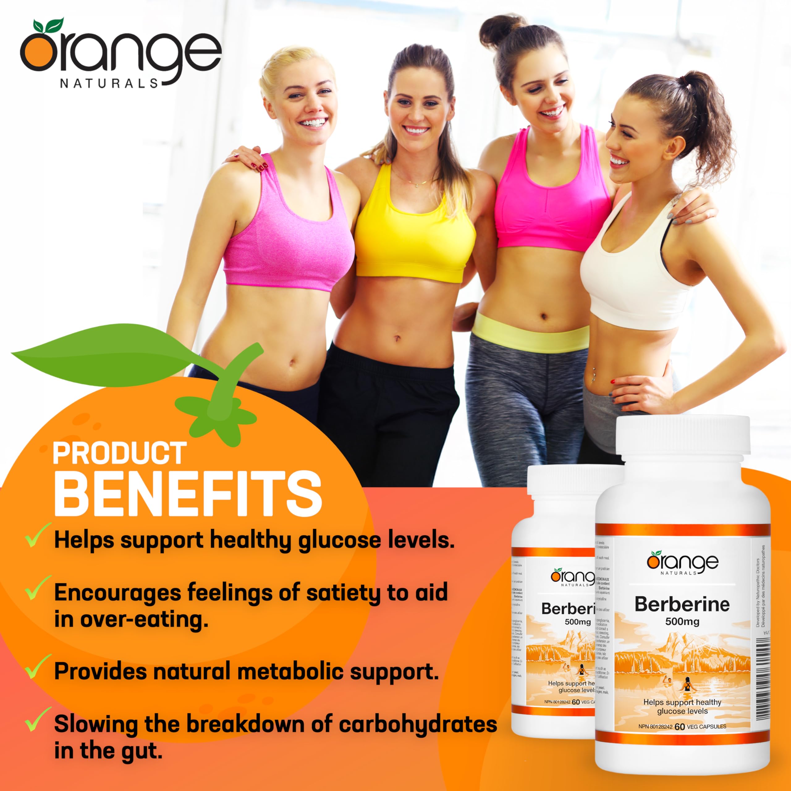 Orange Naturals - Berberine 500mg, 60 Capsules 30-Day Supply - Berberine Helps Support Healthy Glucose Levels, Cholesterol Levels & Cardiovascular Health - Vegan & Non-GMO - Natural Metabolic Support