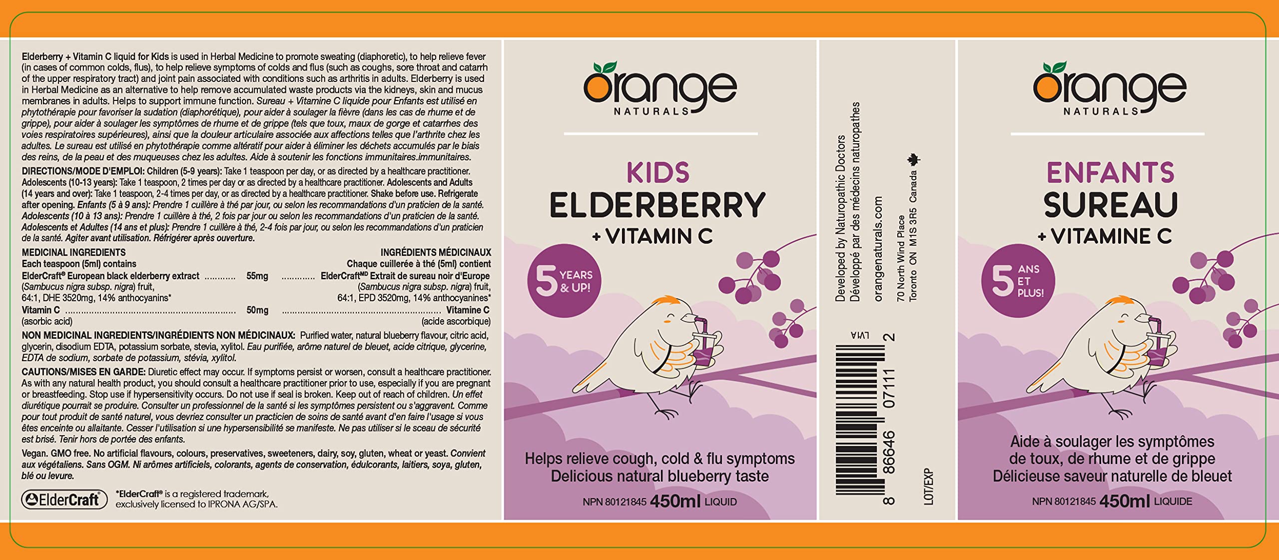 Orange Naturals Kids Elderberry + Vitamin C Syrup 450ml 90-Servings - Blueberry Taste, Organic Kids Vitamin, Support Antioxidant Defense, Comfort During Seasonal Changes, Aids During Cold & Flu Season