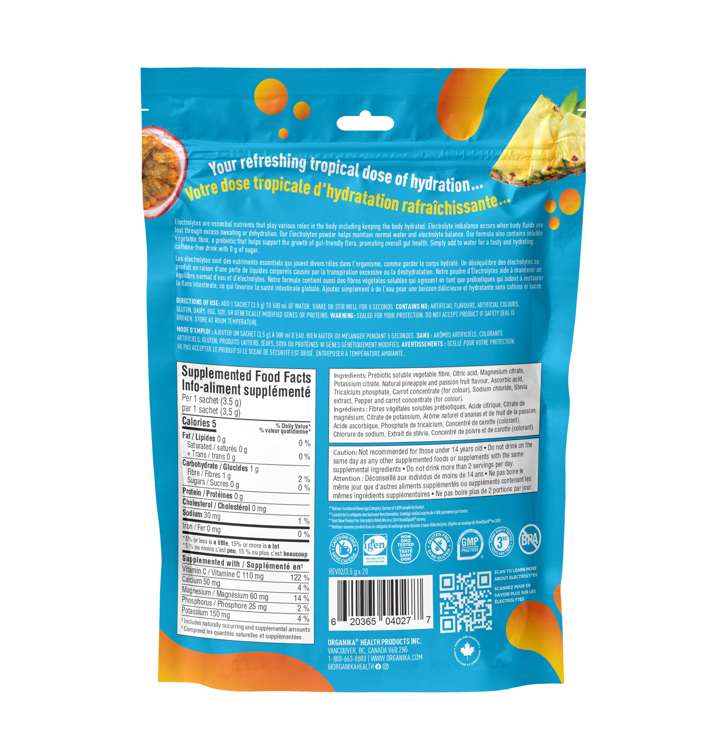 Organika Canadian-Made Electrolytes Powder with Vitamin C & Prebiotic Fibre - Sugar-Free Hydration Drink Mix - Pineapple Passionfruit - 20 Single-Serve Sachets x 3.5g