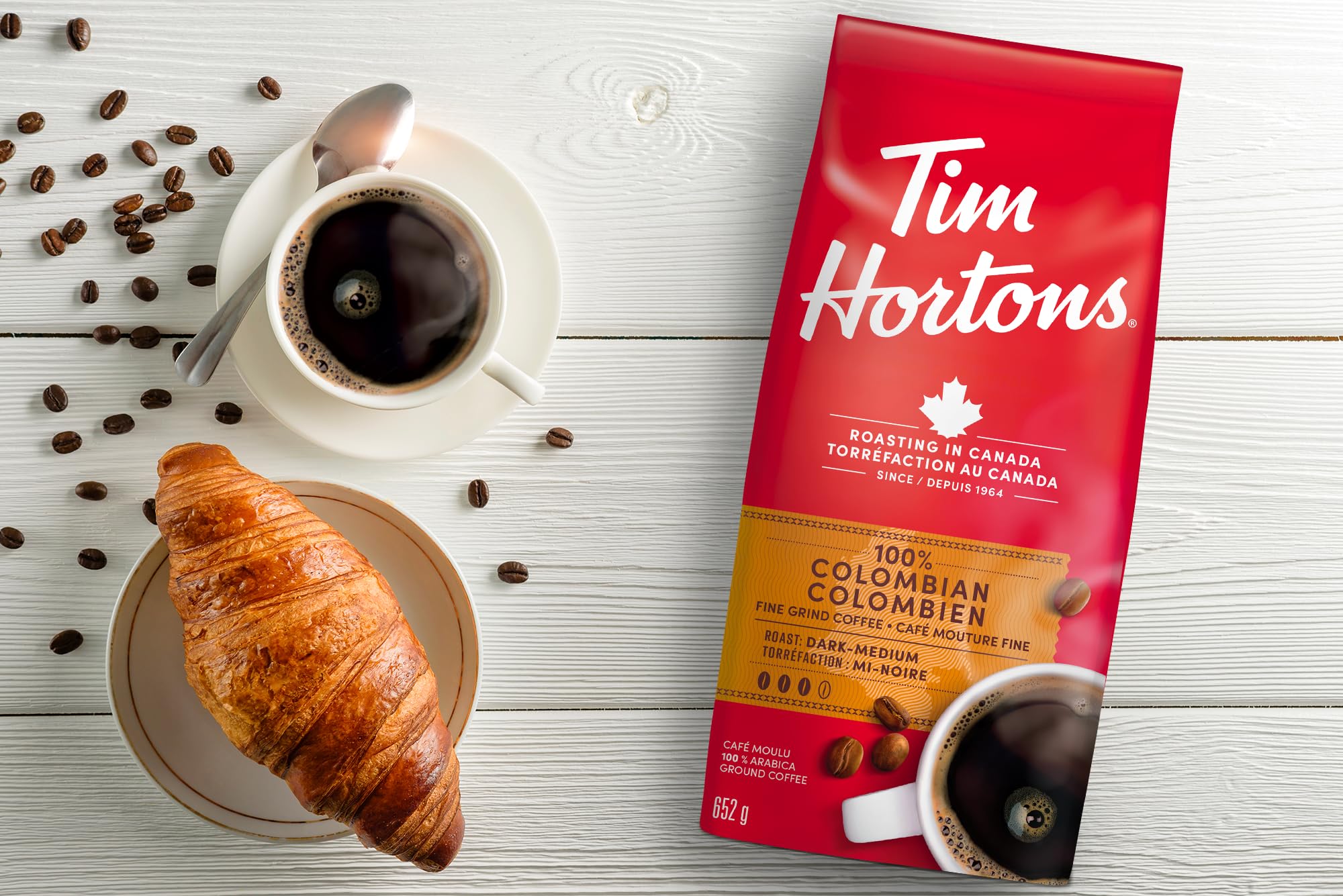 Tim Hortons 100% Colombian, Fine Grind Coffee, Medium Roast, Made with 100% Arabica Beans, 652g Bag