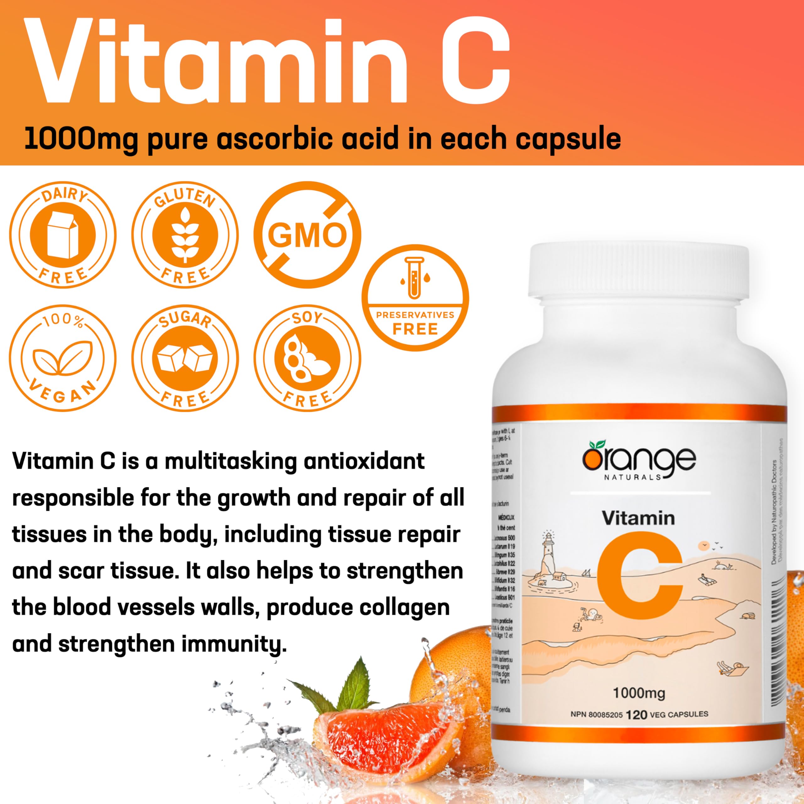 Orange Naturals Vitamin C 1000mg 120 V-Caps, 4 Month Supply, Pure Ascorbic Acid Supplement, Vegan, Daily Convenient, Promotes Wellness, Antioxidant Support, Collagen Formation, Healthy Bones & Teeth