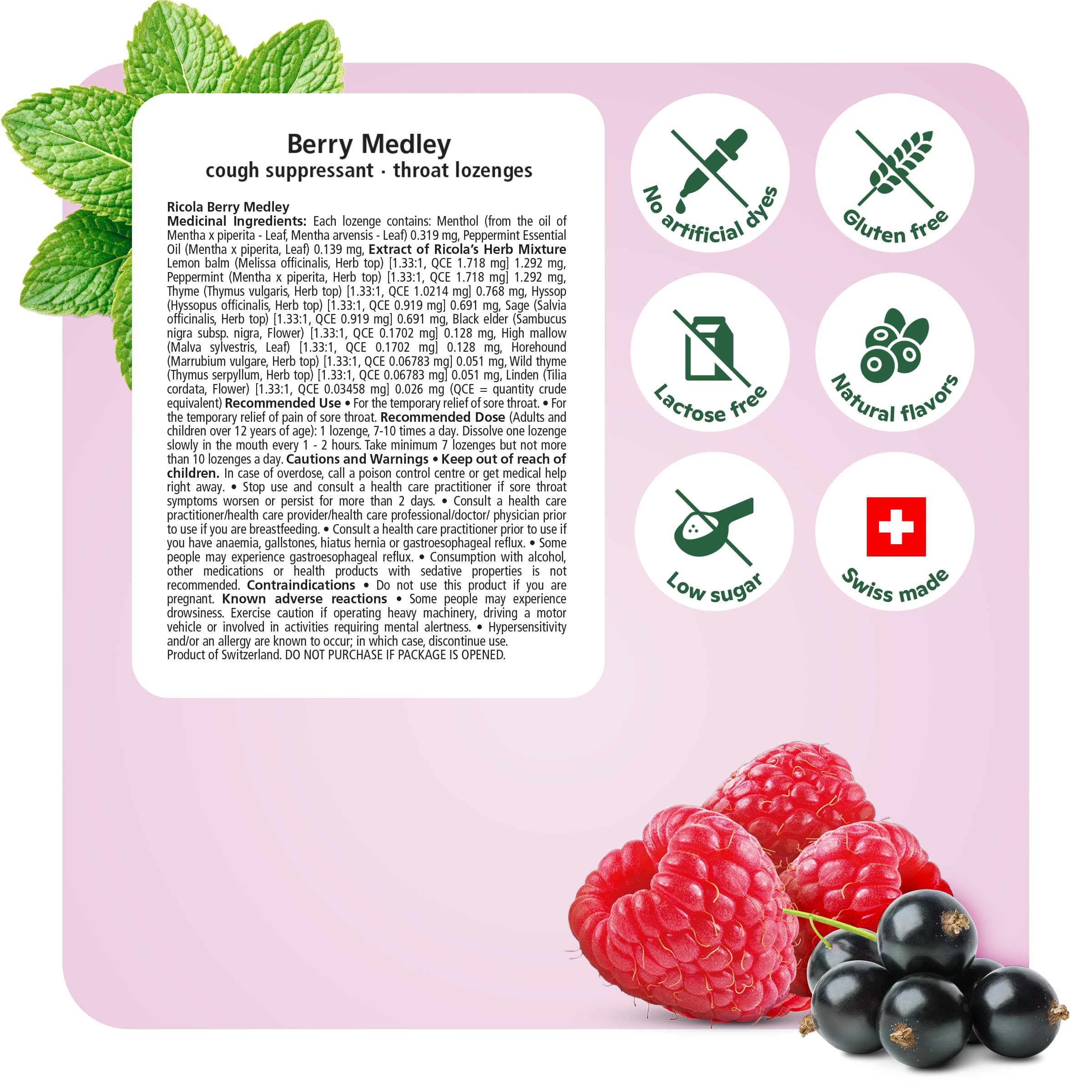 Ricola Berry Medley Herbal Cough Drops with Swiss Alpine Herbs and Low Menthol for Everyday Throat and Voice Care - 180 Count - Throat Lozenges with Low Sugar