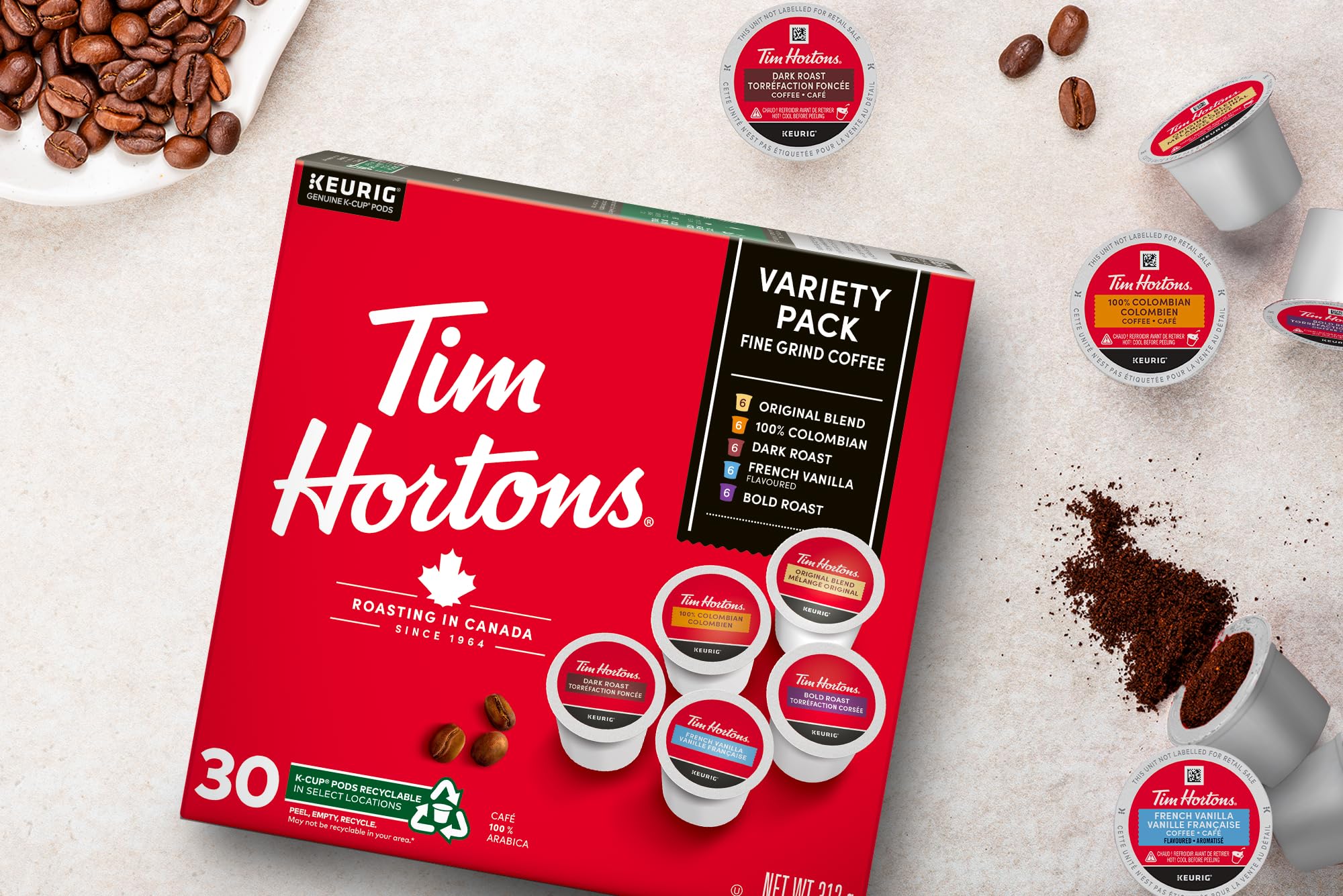 Tim Hortons Variety Pack, Original, Dark Roast, Colombian, Bold Roast and French Vanilla, Single Serve Keurig K-Cup Pods, 30 Ct