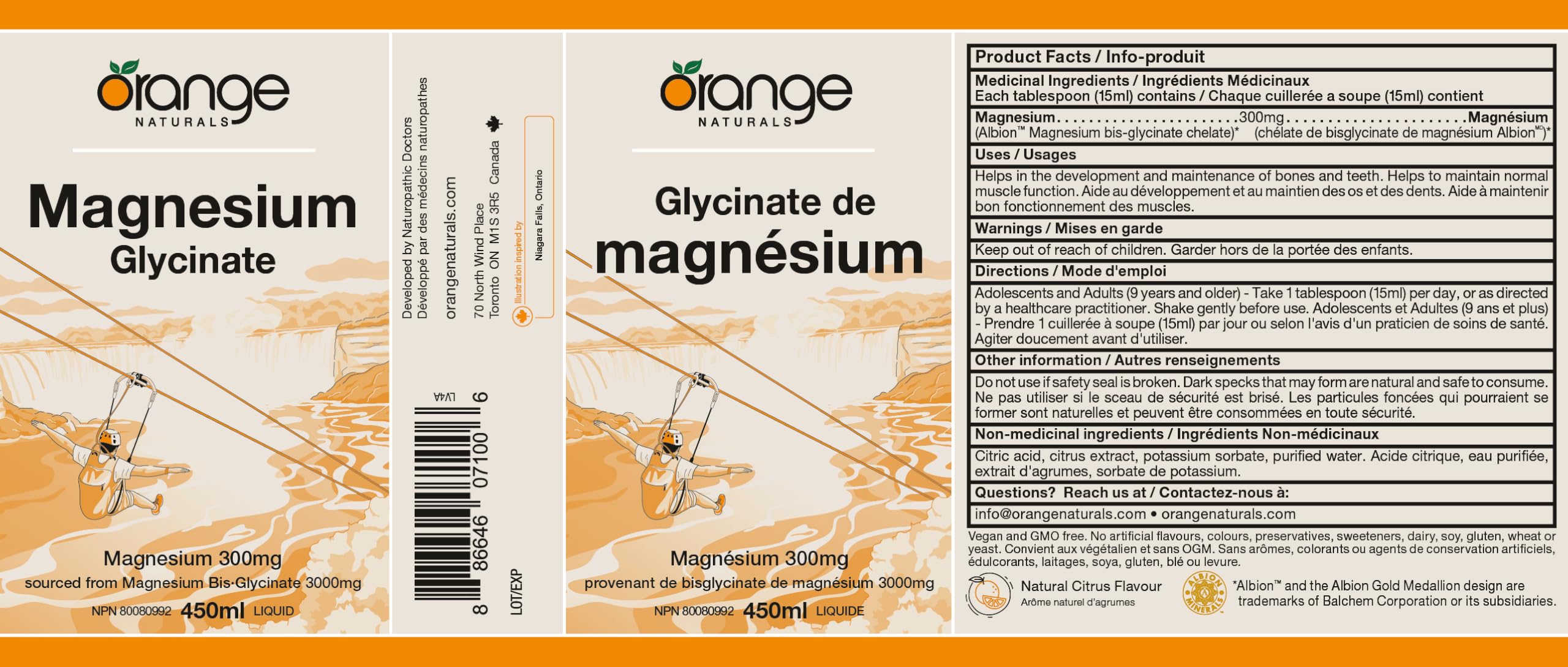 Orange Naturals - Magnesium Glycinate Liquid, 450ml 30-Servings Natural Citrus Flavour - Helps to Maintain Bones and Teeth and Proper Muscle Function - Promotes Relaxation & Calmness - Vegan & Non-GMO