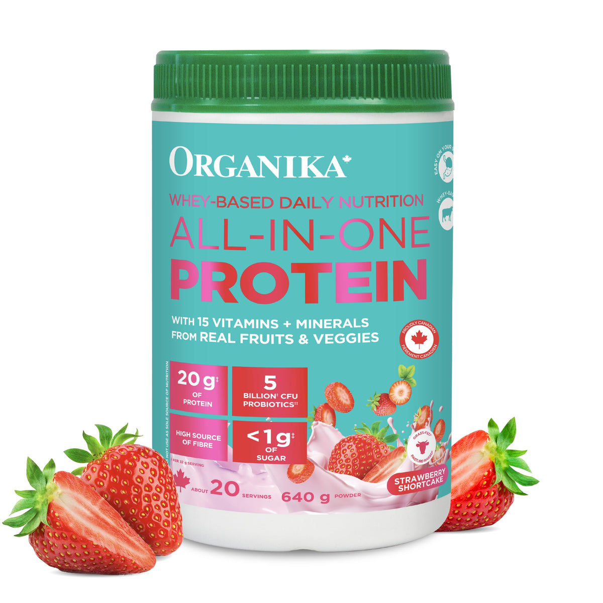 Organika All-in-One Strawberry Shortcake Protein Powder with 20g Protein,15 Vitamins & Minerals from Real Fruits & Veggies,5 Billion CFU Probiotics,4g Prebiotic Fiber, Digestive Enzymes,1g Sugar- 640g