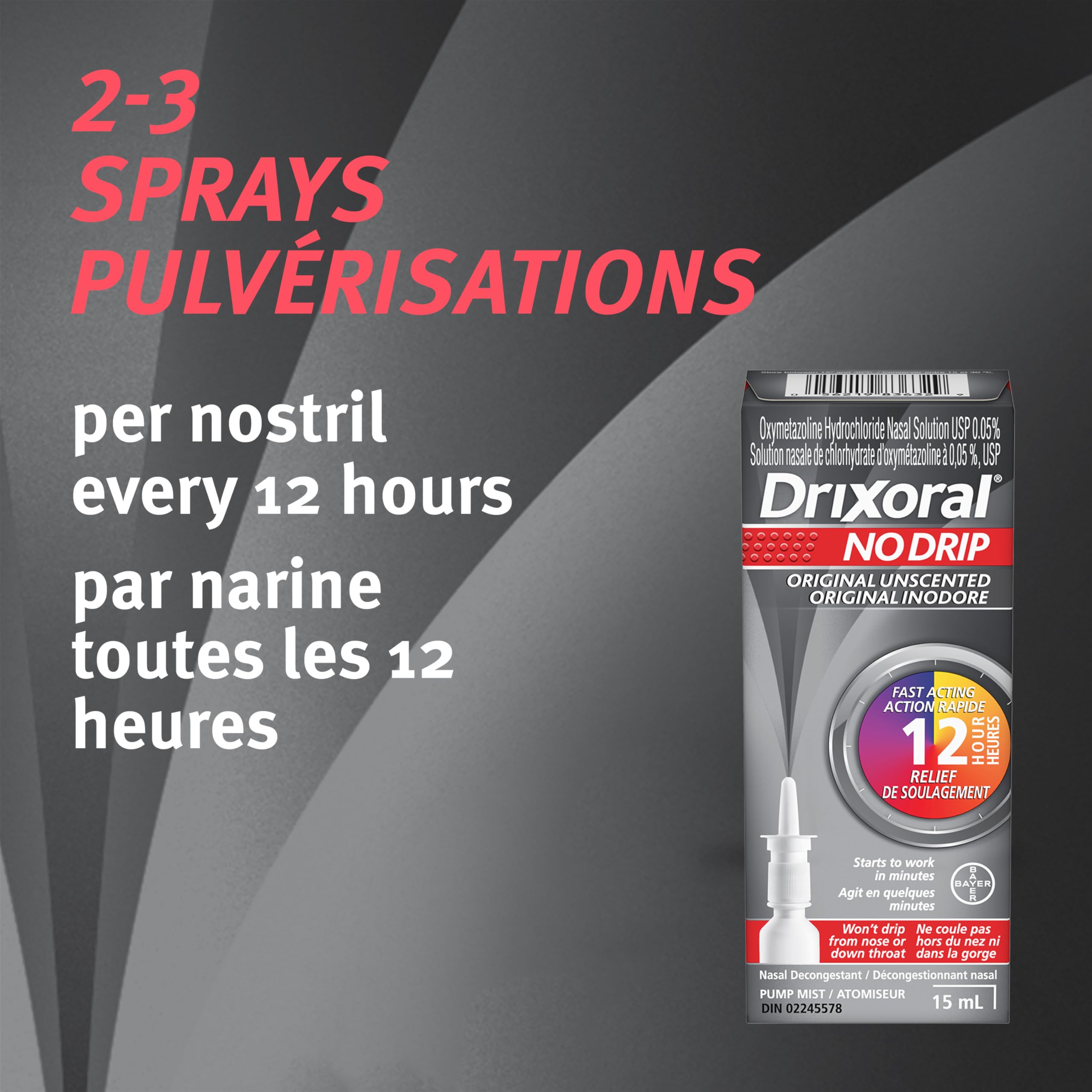 Drixoral No Drip Original Unscented Spray with Oxymetazoline, Reduces Swelling and Clears Congestion, Unblocks Noses, Helps Relieve Nasal Congestion, 15ml