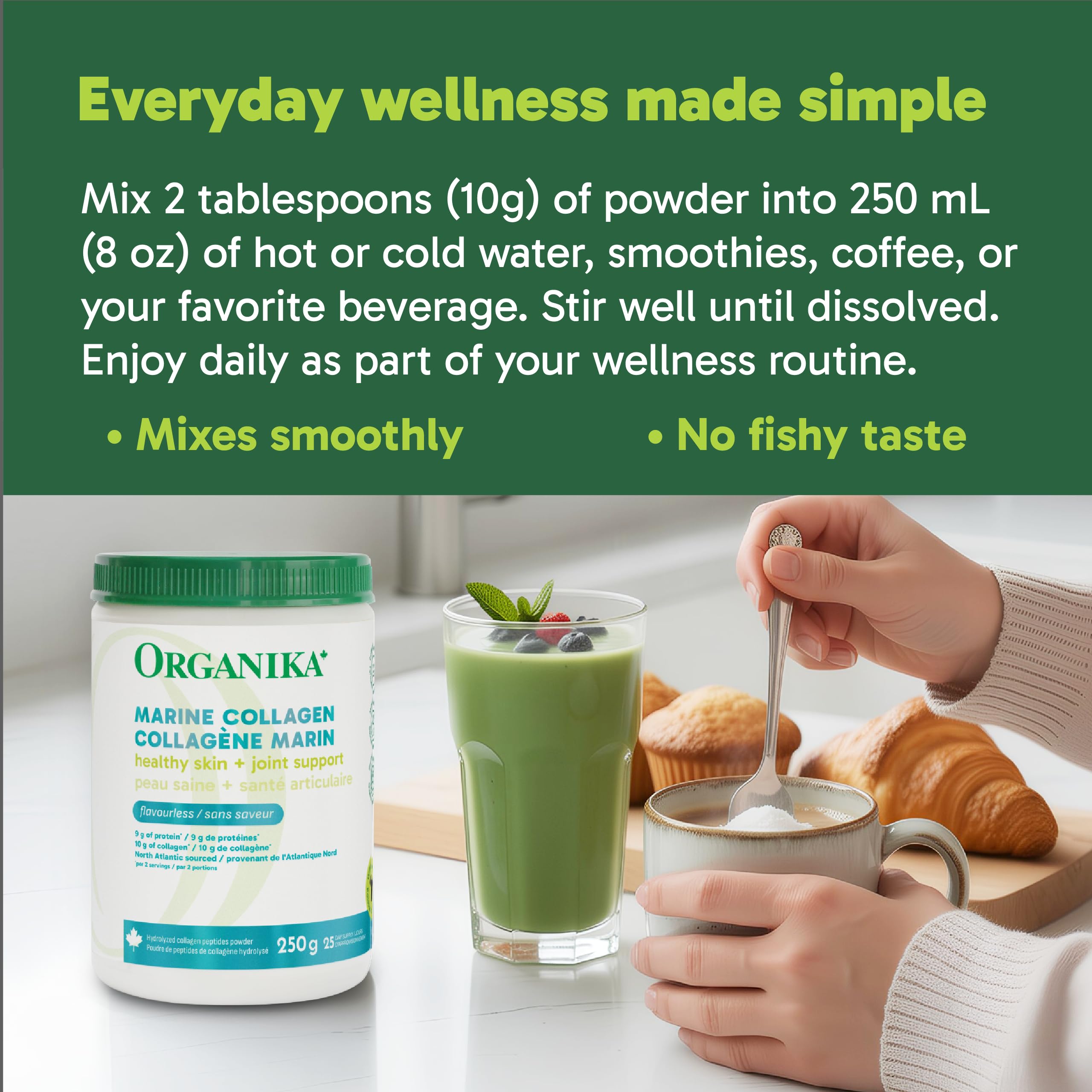 Organika Marine Collagen Powder – 10g Total Serving for Hair, Skin & Nails – Hydrolyzed Collagen Peptides Type 1 from Wild-Caught Fish, Tasteless, Canadian-Made – 250g