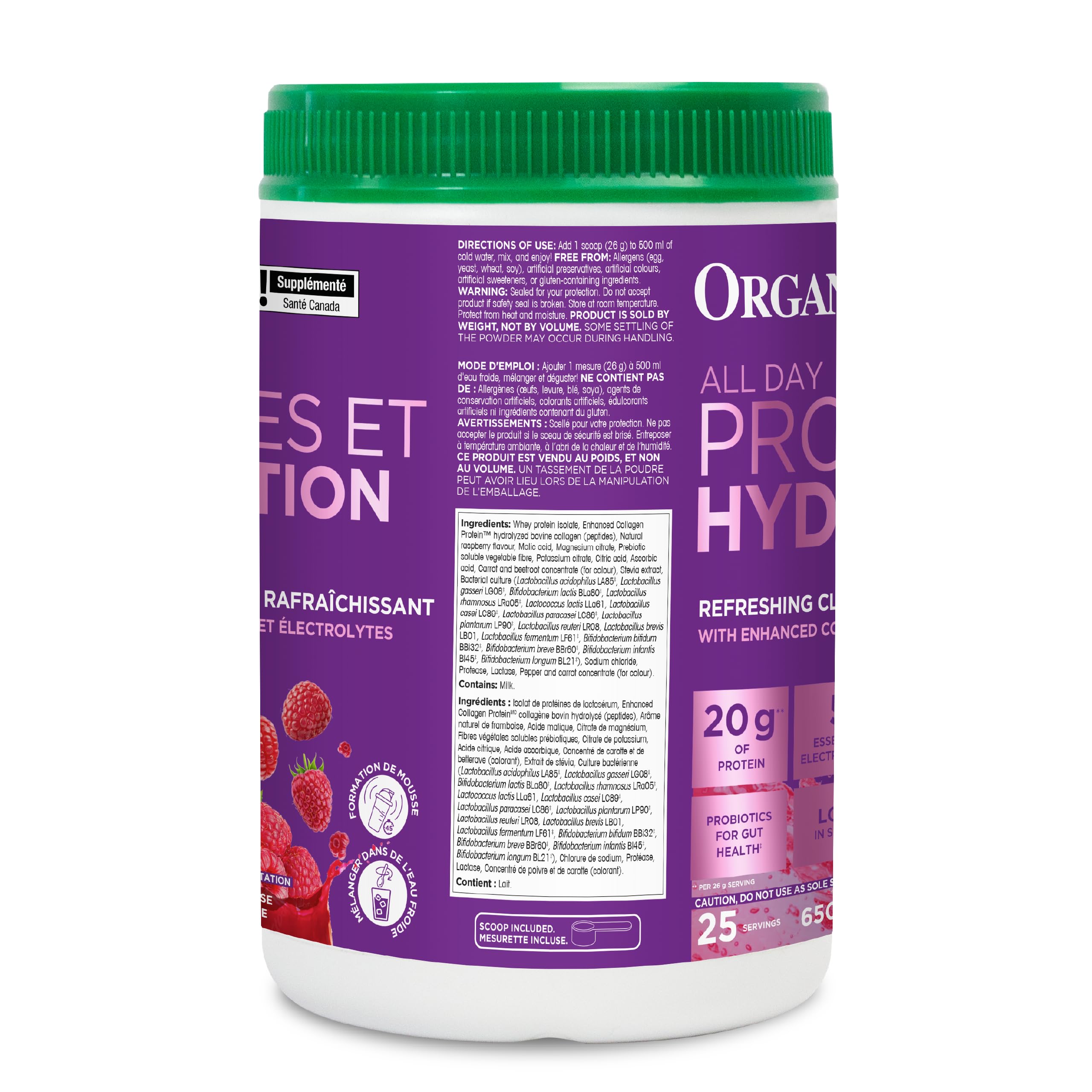 Organika Canadian-Made Protein Hydrator- Raspberry Flavour- Clear Whey Protein Isolate with Collagen, Electrolytes, and Probiotics. Easy to Digest, 20g Protein Per Serving- 650g
