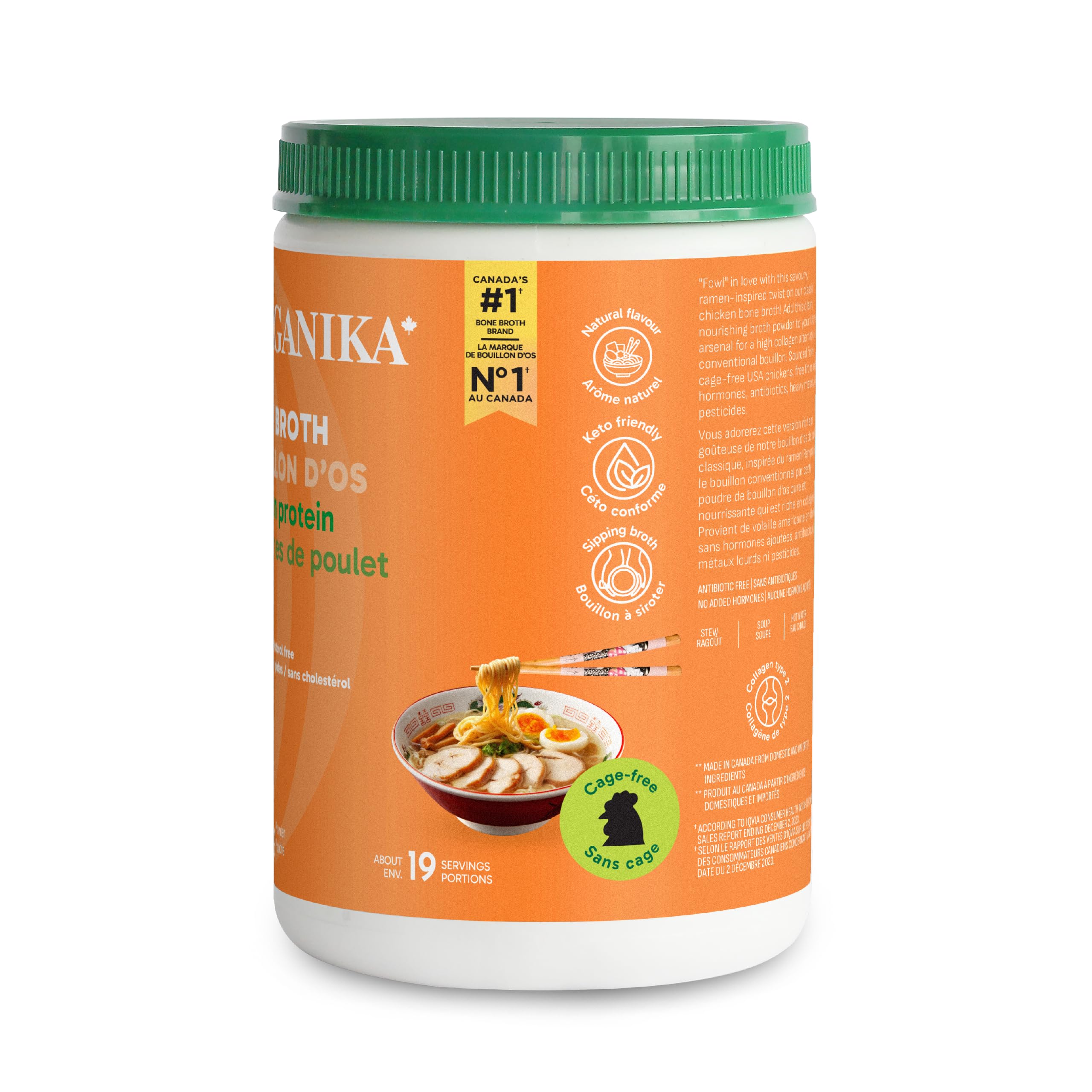 Organika Canadian-Made Chicken Bone Broth Powder Ramen Flavour-15g Protein Per Serving, Mineral-Rich, Convenient Powder Format, Keto | Free-Run, Non-GMO and Organic Vegetarian Fed-Chickens- 300g