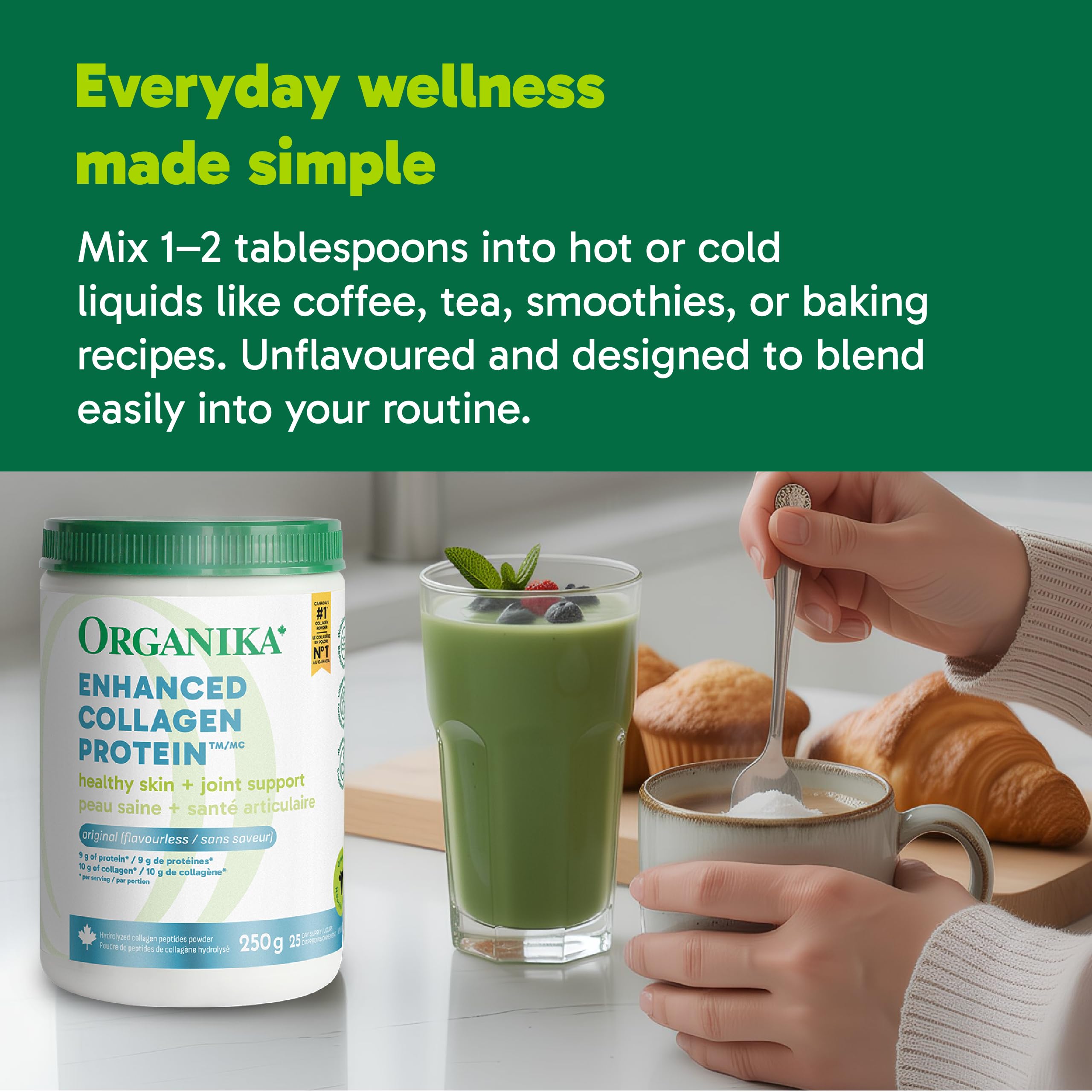 Organika Enhanced Collagen Powder (Type 1 & 3) – 10g Per Serving for Hair, Skin, Nails & Joints – Canadian-Made, Grass-Fed, Non-GMO, 250g