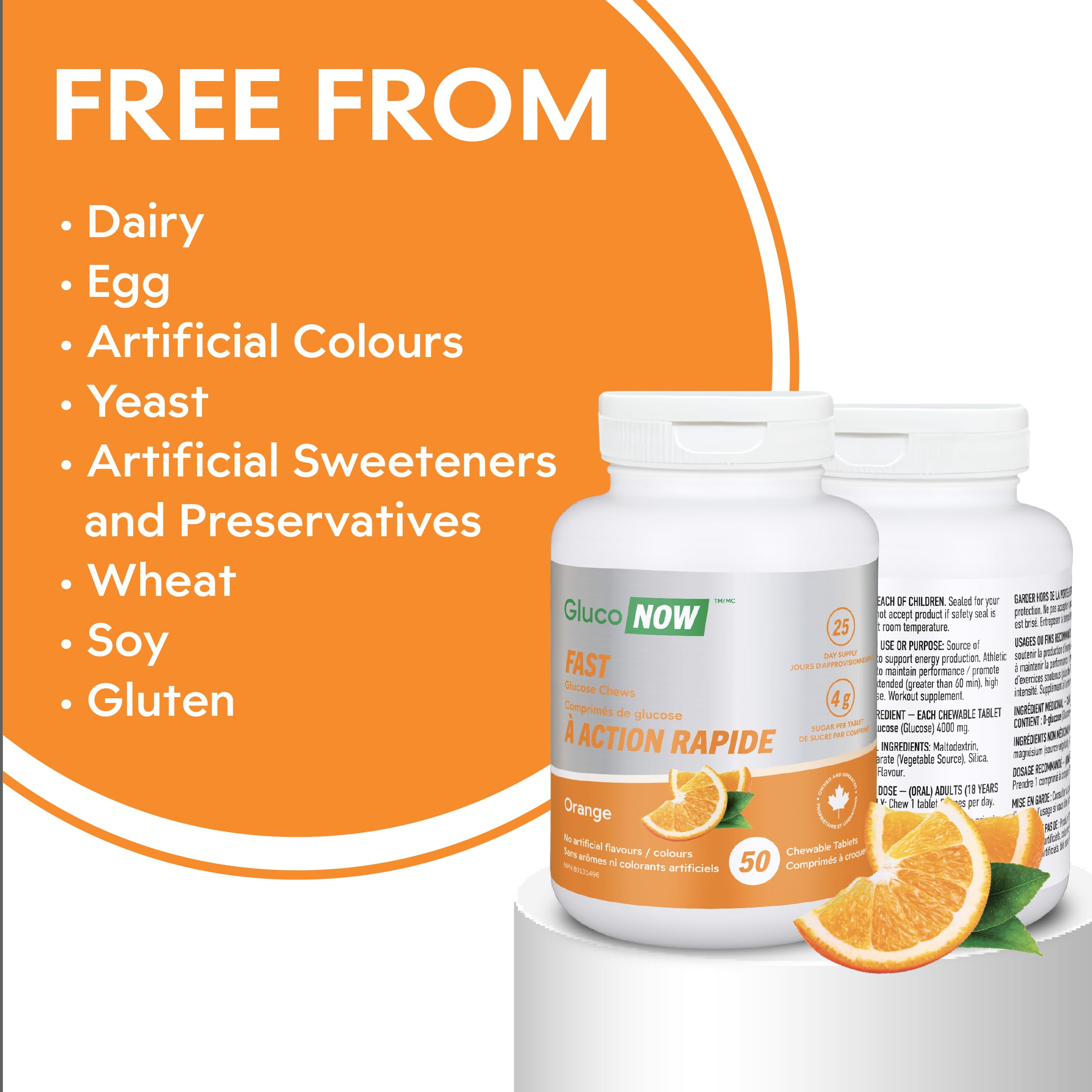GlucoNOW FAST Glucose Chews, 4g Sugar, Orange Flavour - 50 chewable tablets