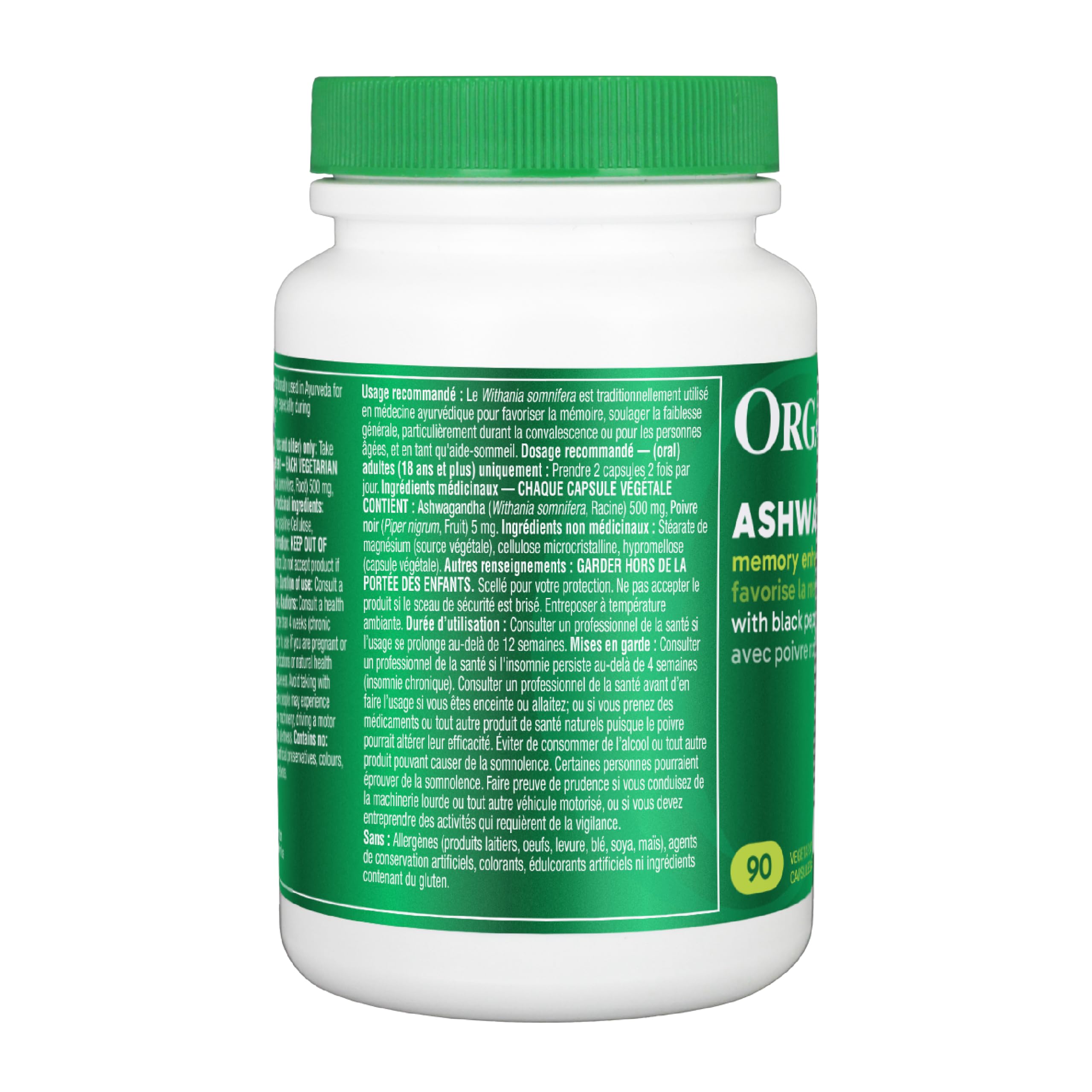 Organika Canadian-Made Ashwagandha with Black Pepper- Enhanced Absorption, Memory Support, Sleep Aid, Adaptogenic- 90vcaps