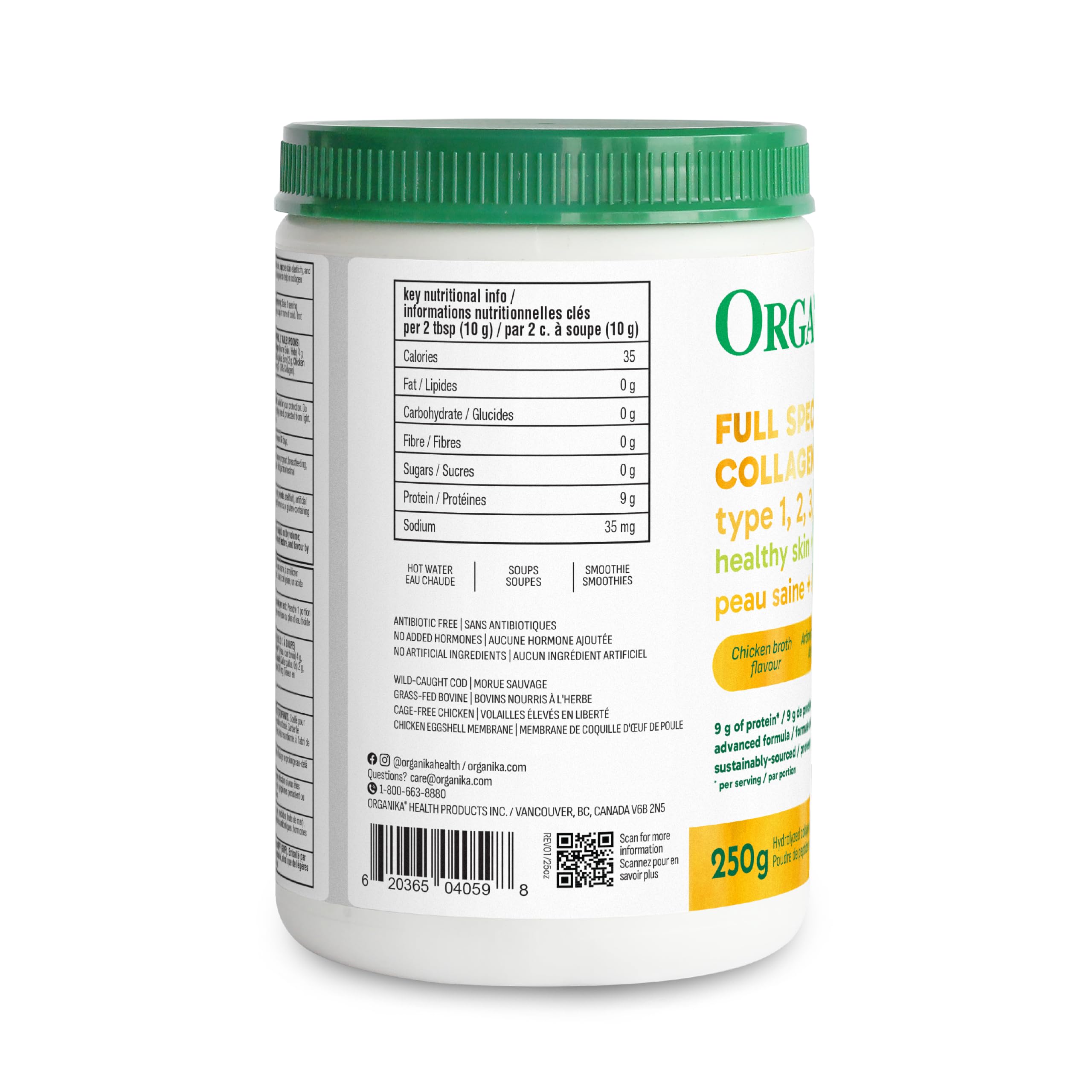 Organika Canadian-Made Full Spectrum Collagen - Type 1,2,3,5,10 - Complete Collagen Naturally Containing Hyaluronic Acid and Elastin for Healthier Hair, Skin and Joints Mild Chicken Broth Flavour 250g