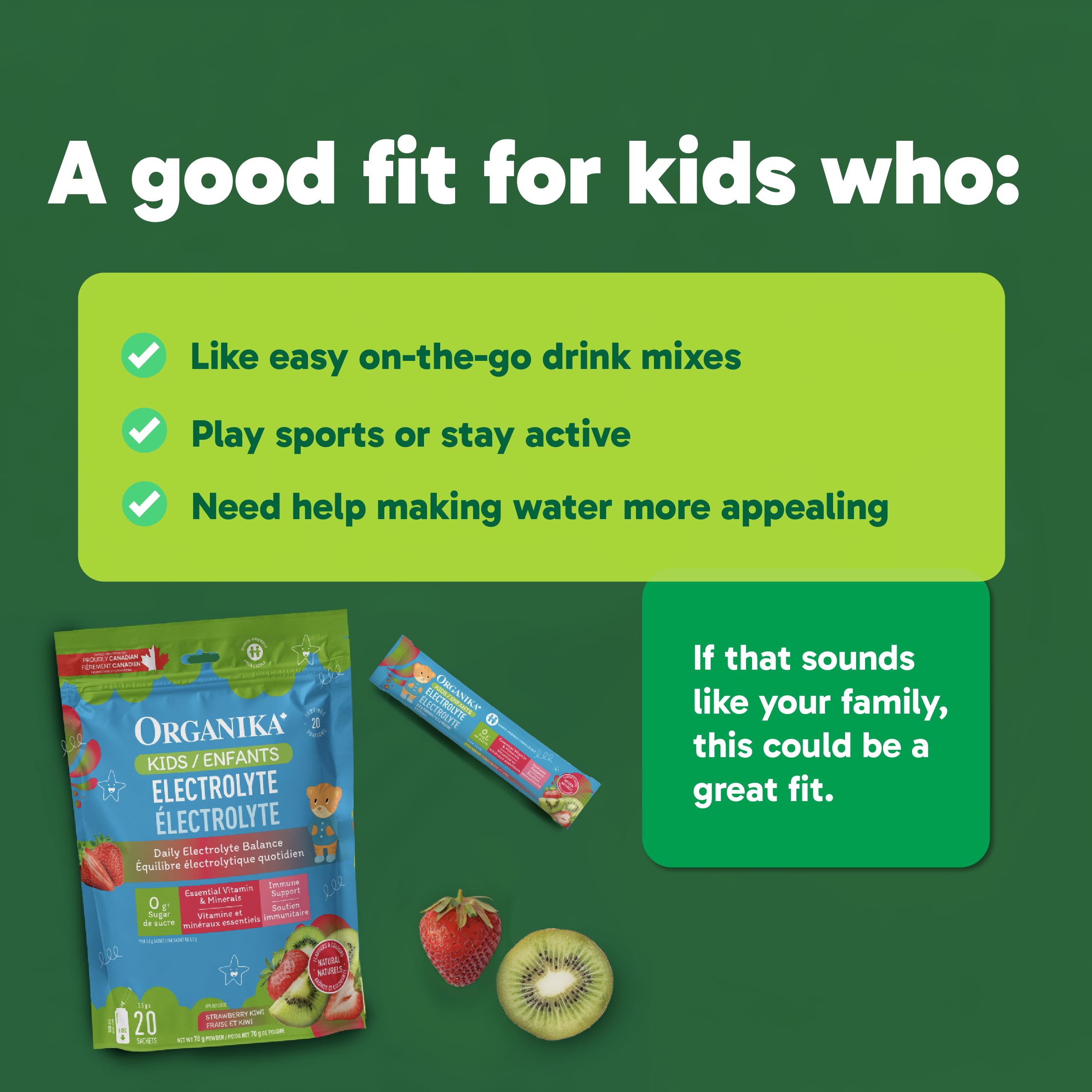 Organika Kids Electrolytes Powder Sticks - Sugar-Free Hydration + Immune support with 100% of daily Vitamin C, Minerals and Prebiotic Fibre | Strawberry Kiwi Flavour - 3.5g x 20 sachets
