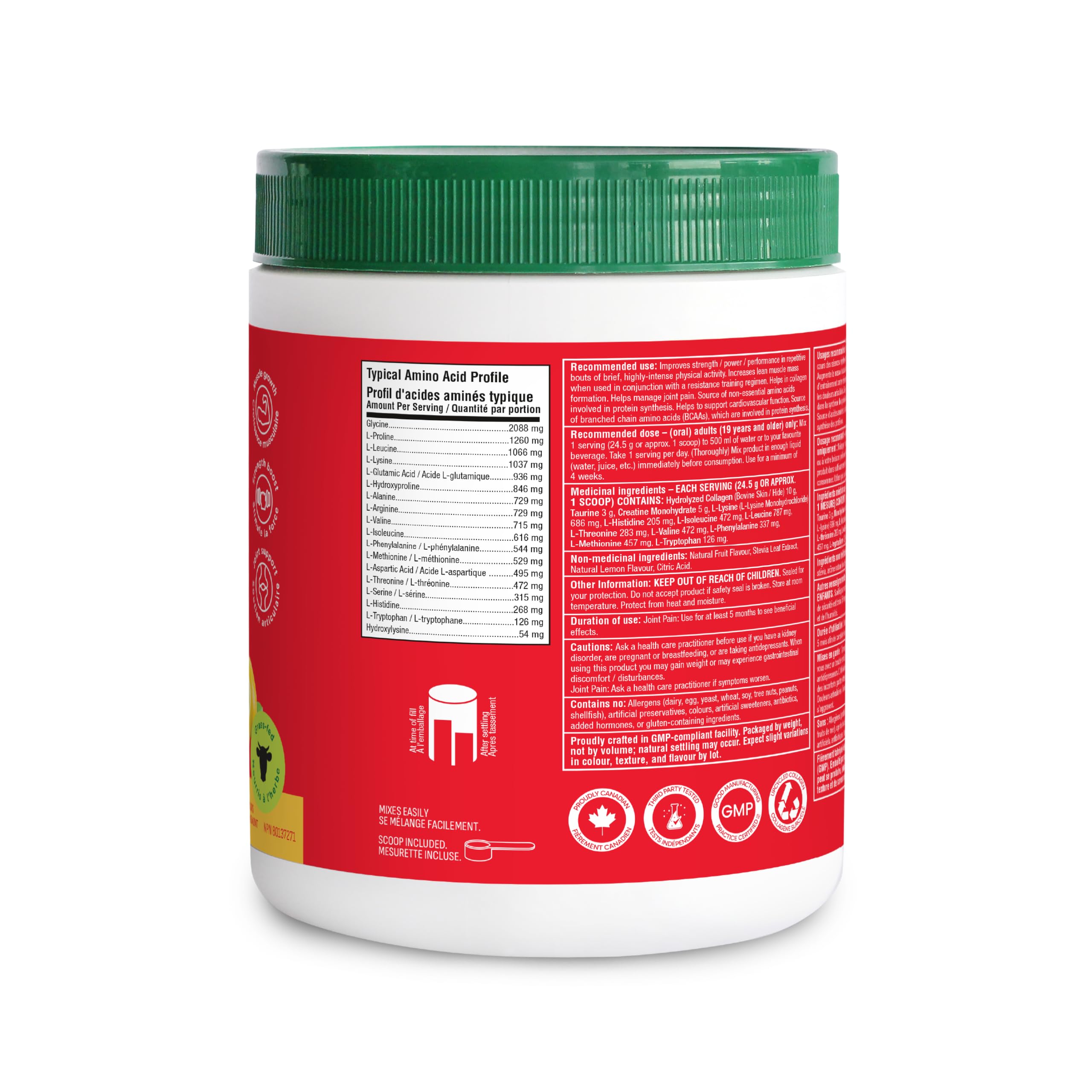 Organika Canadian-Made Enhanced Collagen Sport - 20g Collagen Protein + Creatine, Taurine, and Complete Amino Acid Profile | Promotes Muscle Growth, Strength, and Joint Health - Lemon Flavour - 564g