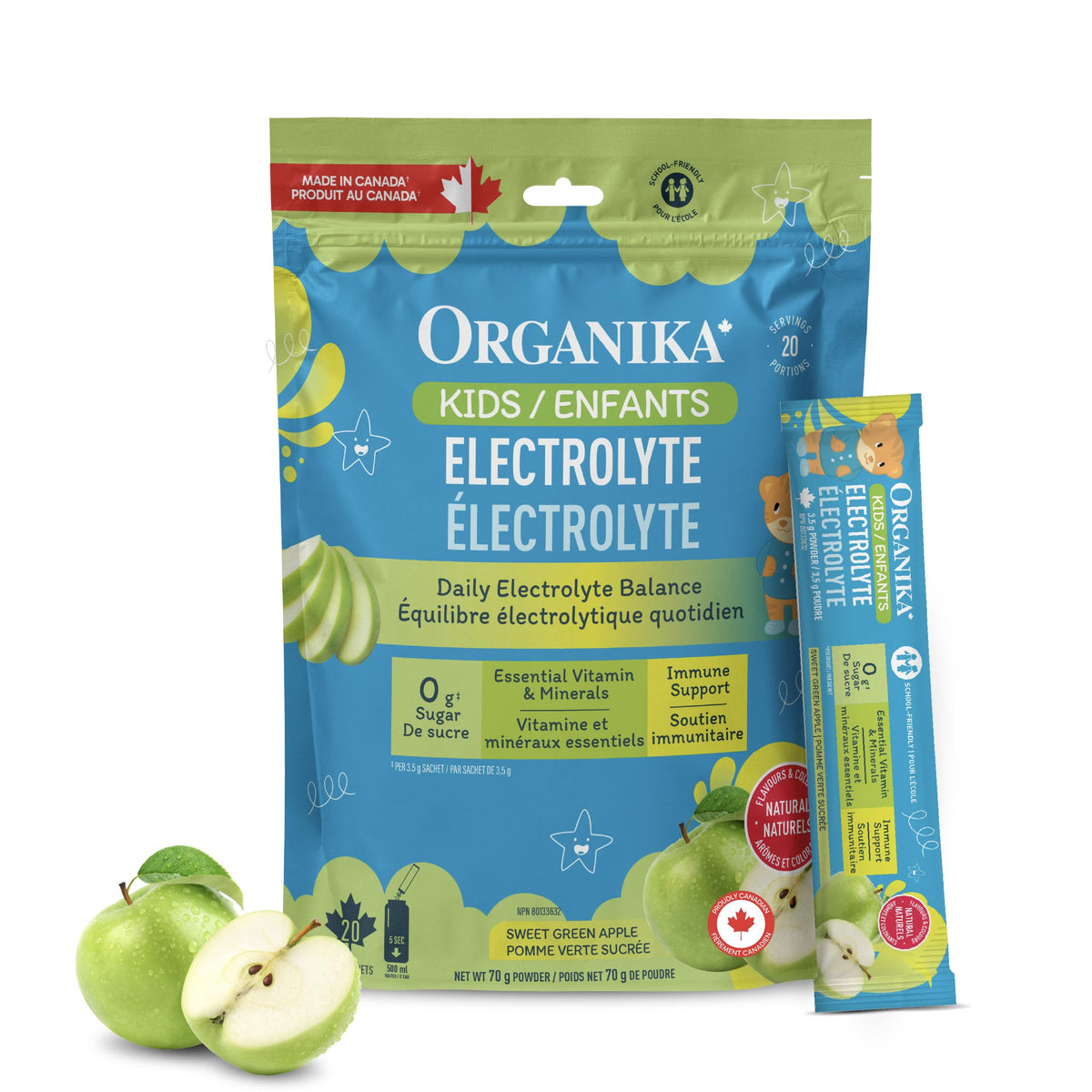 Organika Kids Electrolytes Powder Sticks - Sugar-Free Hydration + Immune support with 100% of daily Vitamin C, Minerals and Prebiotic Fibre | Green Apple Flavour - 3.5g x 20 sachets