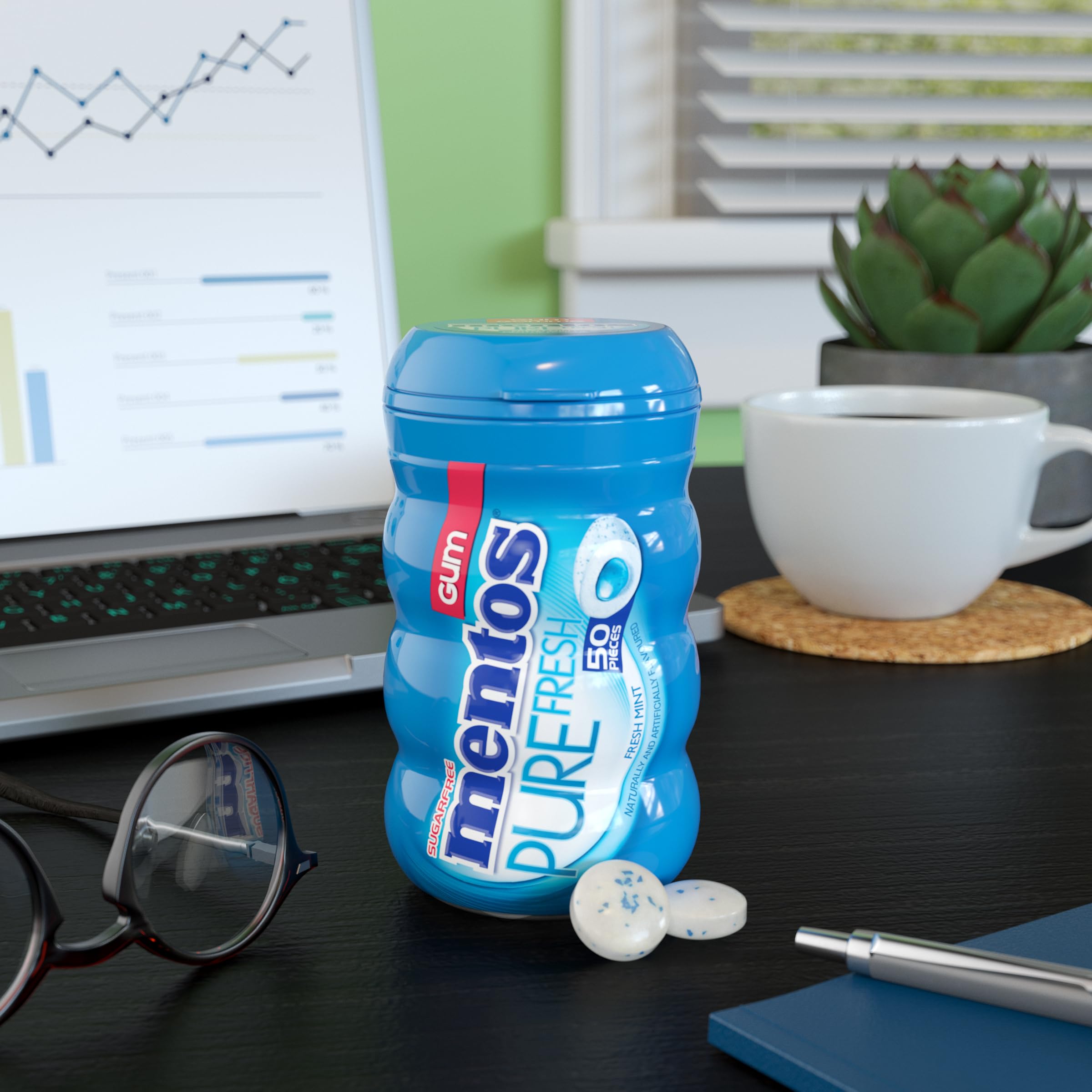 Mentos Pure Fresh, Fresh Mint Sugar-free Gum - Pack of 6 Bottles (300 Pieces)