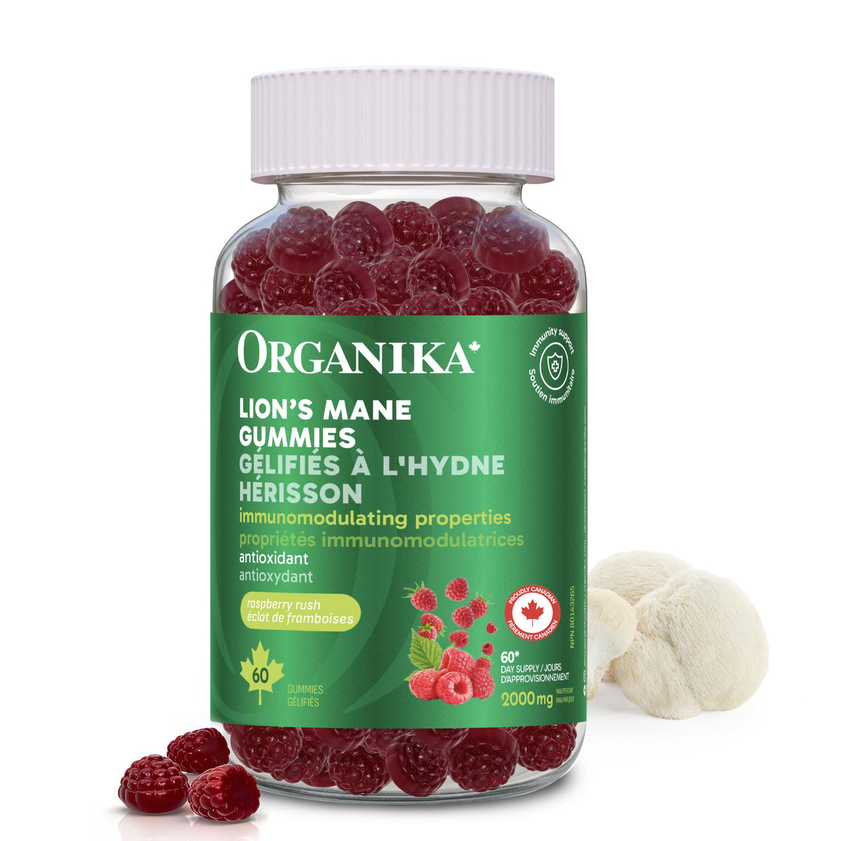 Organika Lion’s Mane Mushroom Gummies – 2000 mg Equivalent per Serving | Brain & Immune Support | Antioxidant Mushroom Supplement | Raspberry Flavour- 60 gummies