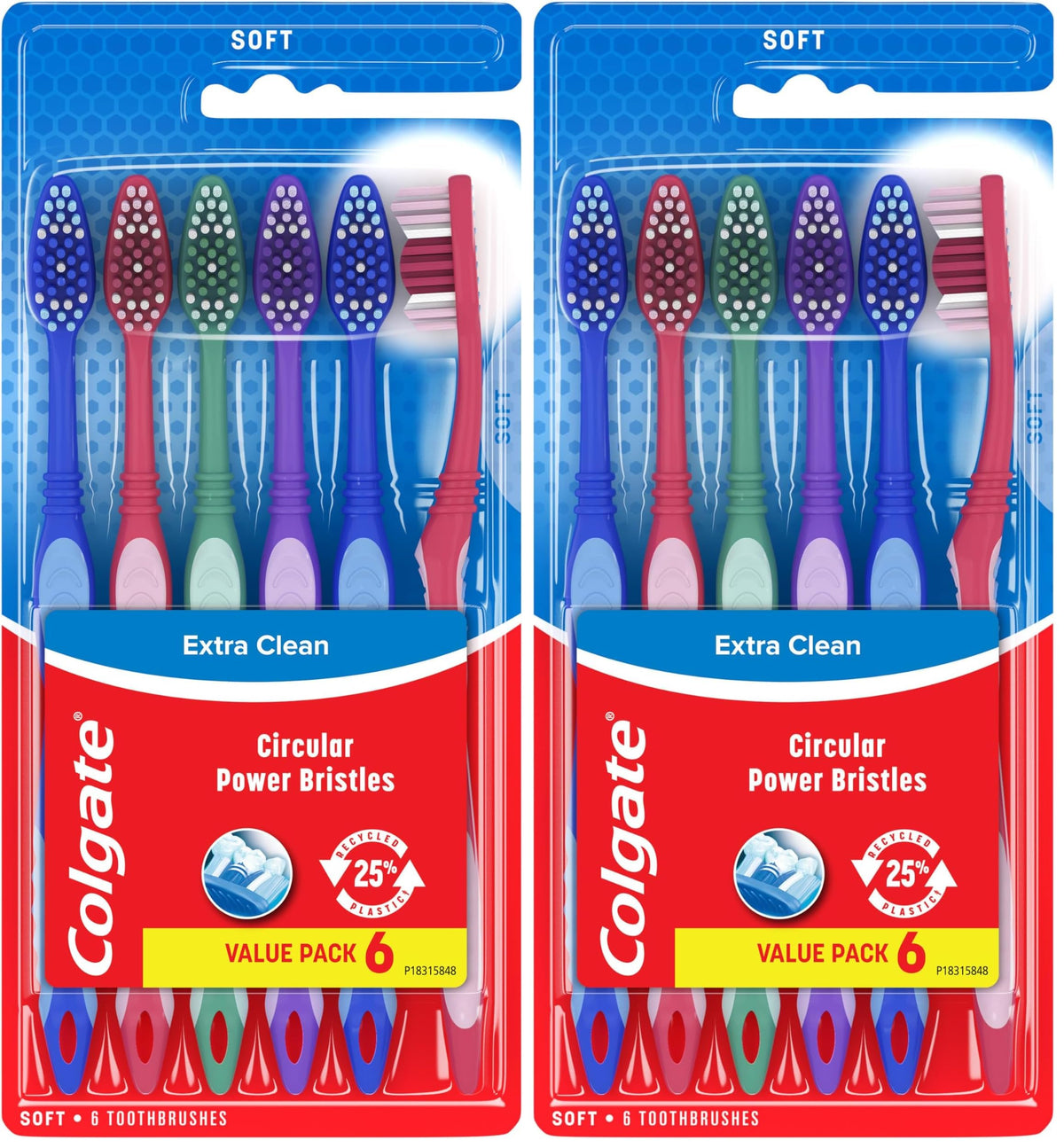 Colgate Extra Clean Manual Toothbrush - Soft Bristle Tooth Brush for Adults with Circular Power Bristles for Stain Removal and Tongue Cleaner - Comfortable Grip Handle, Variety Pack - 6 Count