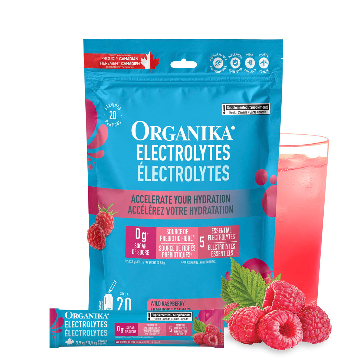 Organika Canadian-Made Electrolytes Powder with Vitamin C & Prebiotic Fibre - Sugar-Free Hydration Drink Mix - Wild Raspberry - 20 Single-Serve Sachets x 3.5g