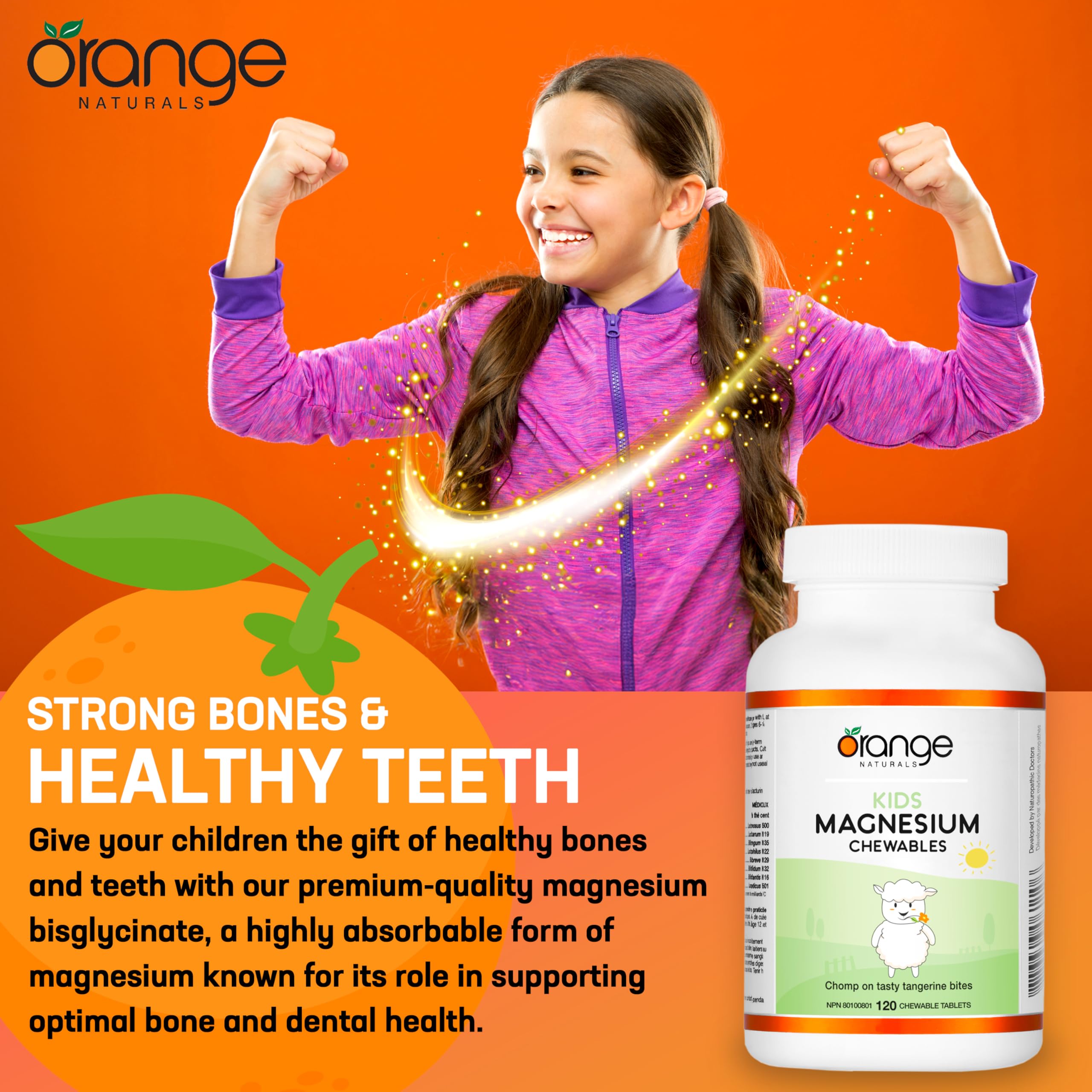 Orange Naturals Kids Magnesium - 120 Chewable Tablets, 120-Day Supply, Orange - Bone & Teeth Support with Chewable Magnesium - Muscle Function & Calm, Restful Sleep Support - Vegan & Non-GMO