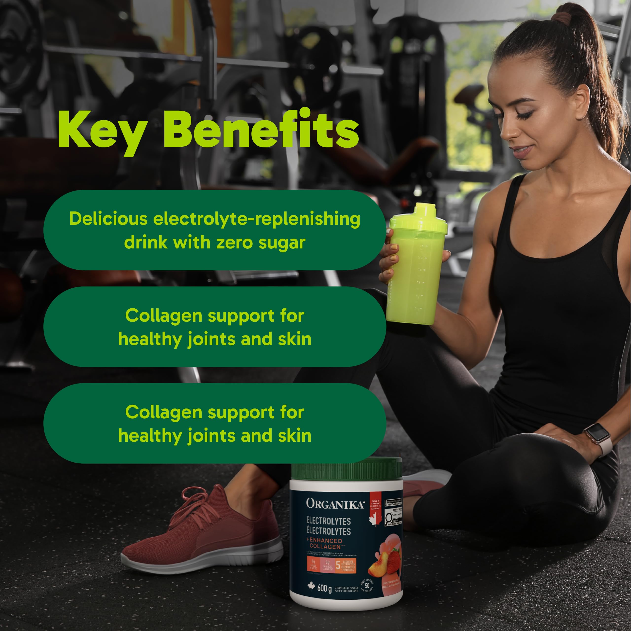 Organika Canadian-Made Electrolytes + Enhanced Collagen - Daily Hydration Powder with 5g of Collagen for Hair, Skin and Nails, 100% of Daily Vitamin C, Strawberry Peach Flavour, 600 g, 50 Servings