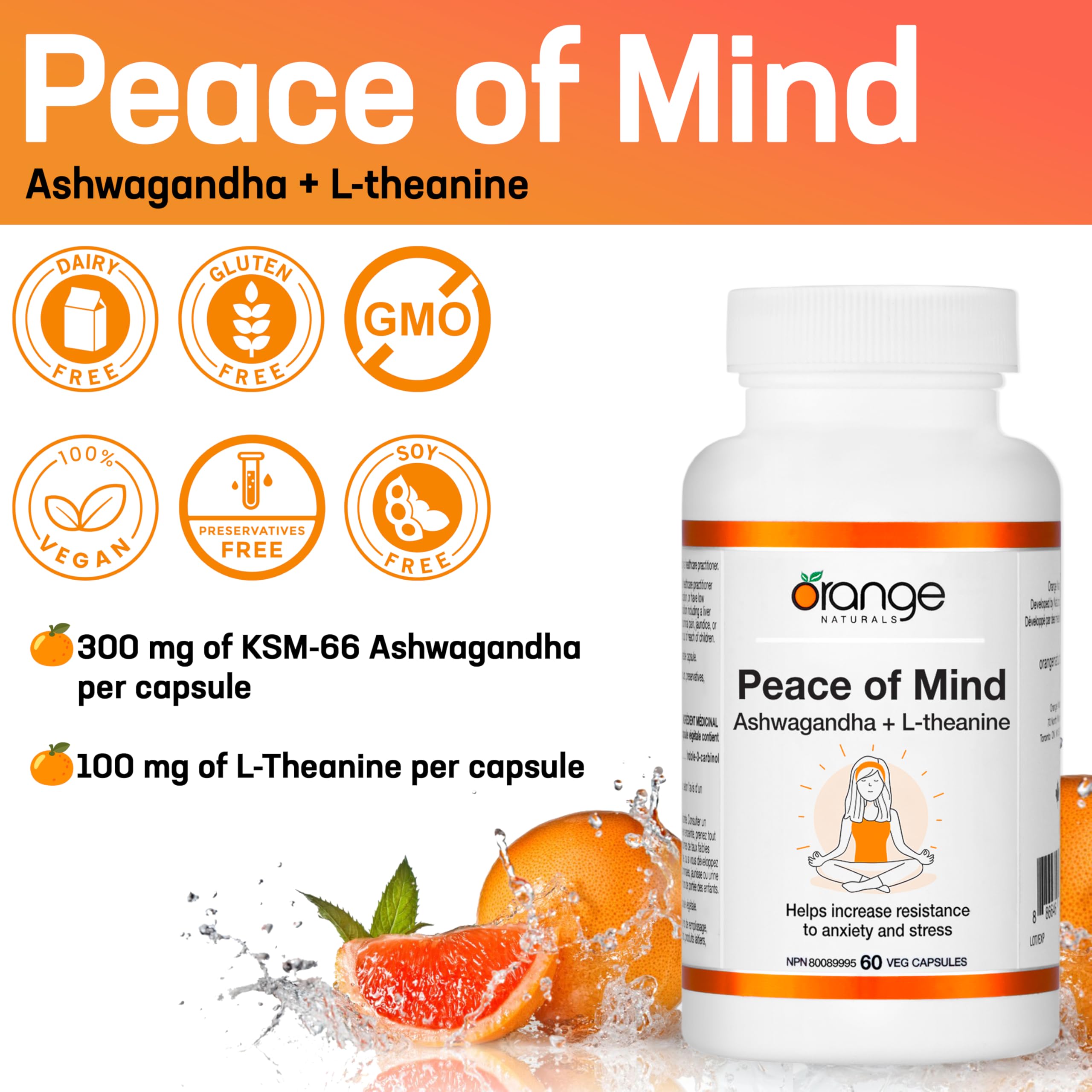 Orange Naturals - Peace of Mind, Ashwagandha KSM-66 and L-theanine, 60 Capsules 30-Day Supply - High-Concentration 300mg Ashwagandha and L-Theanine 100mg for Relaxation and Focus - Vegan & Non-GMO