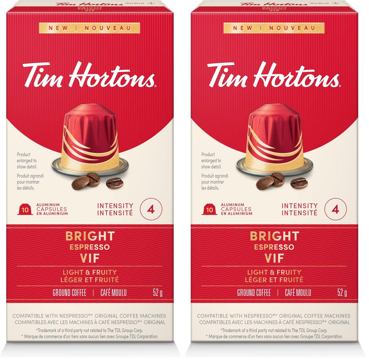 Tim Hortons Bright Espresso Capsules, Nespresso Original Line Compatible Capsules, 10 Count (Pack of 2)