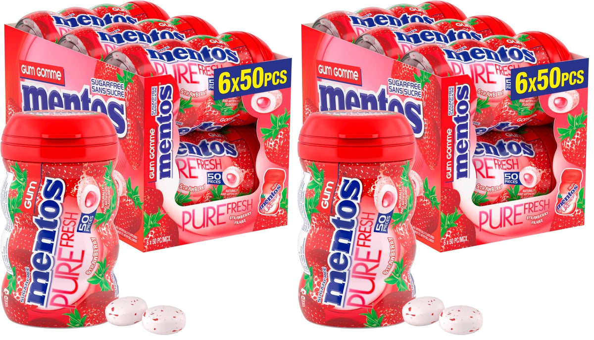 Mentos Pure Fresh, Strawberry Sugar-free Gum - Pack of 12 Bottles (300 Pieces)