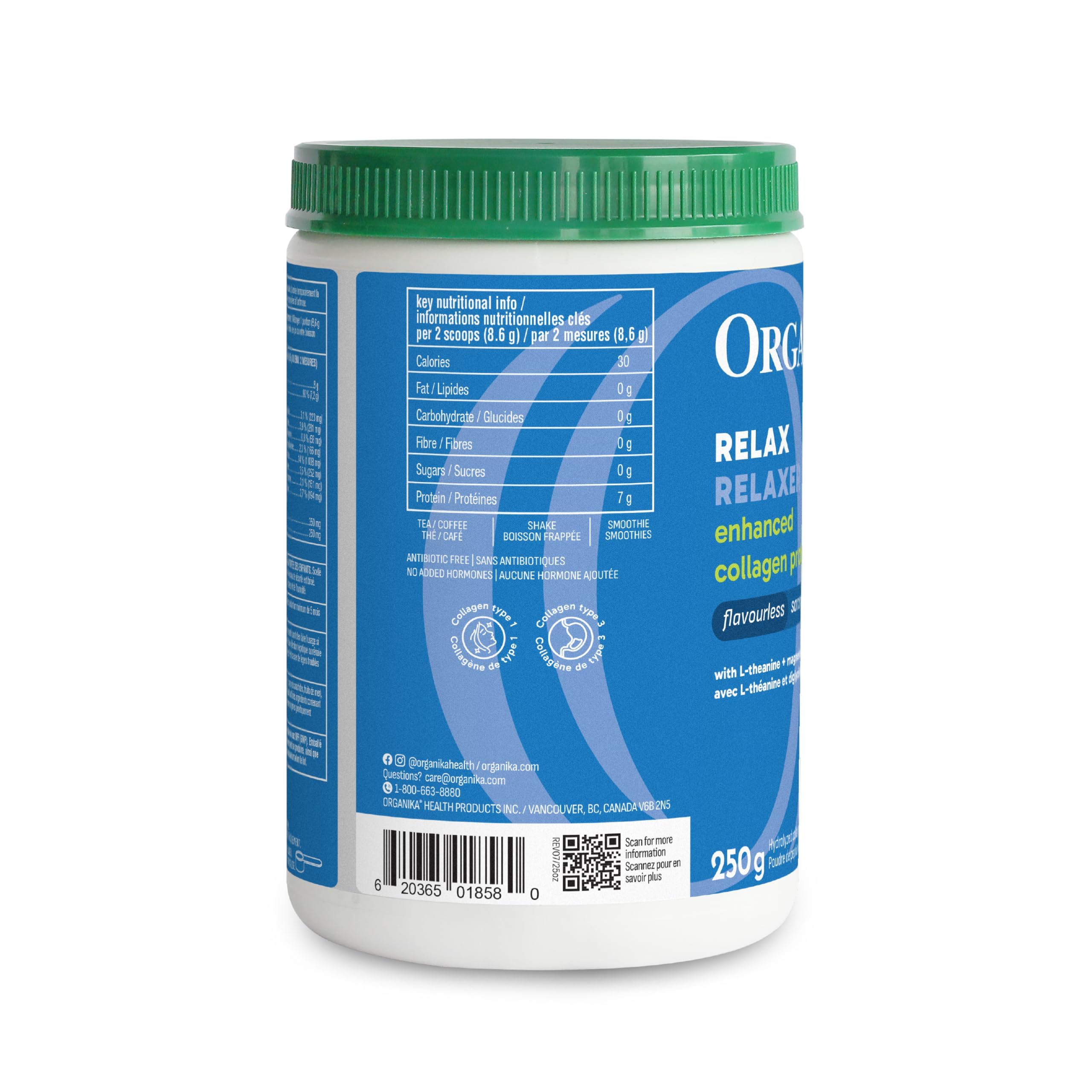 Organika Enhanced Collagen Relax Powder with Magnesium Bisglycinate and L-Theanine- Provides Calming Effect, Aids in Sleep, Sustained Energy Levels Throughout the Day- 250g