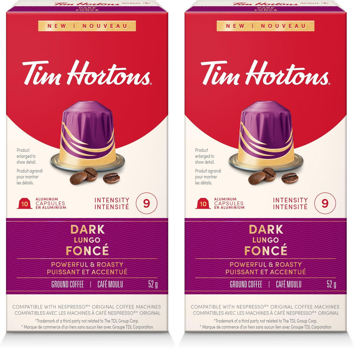 Tim Hortons Dark Lungo Capsules, Nespresso Original Line Compatible Capsules, 10 Count (Pack of 2)