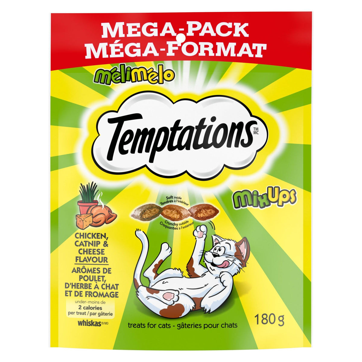 TEMPTATIONS Mix-Ups Cat Treats, Chicken, Cheddar, Catnip, 180g Pouch (10 Pack)