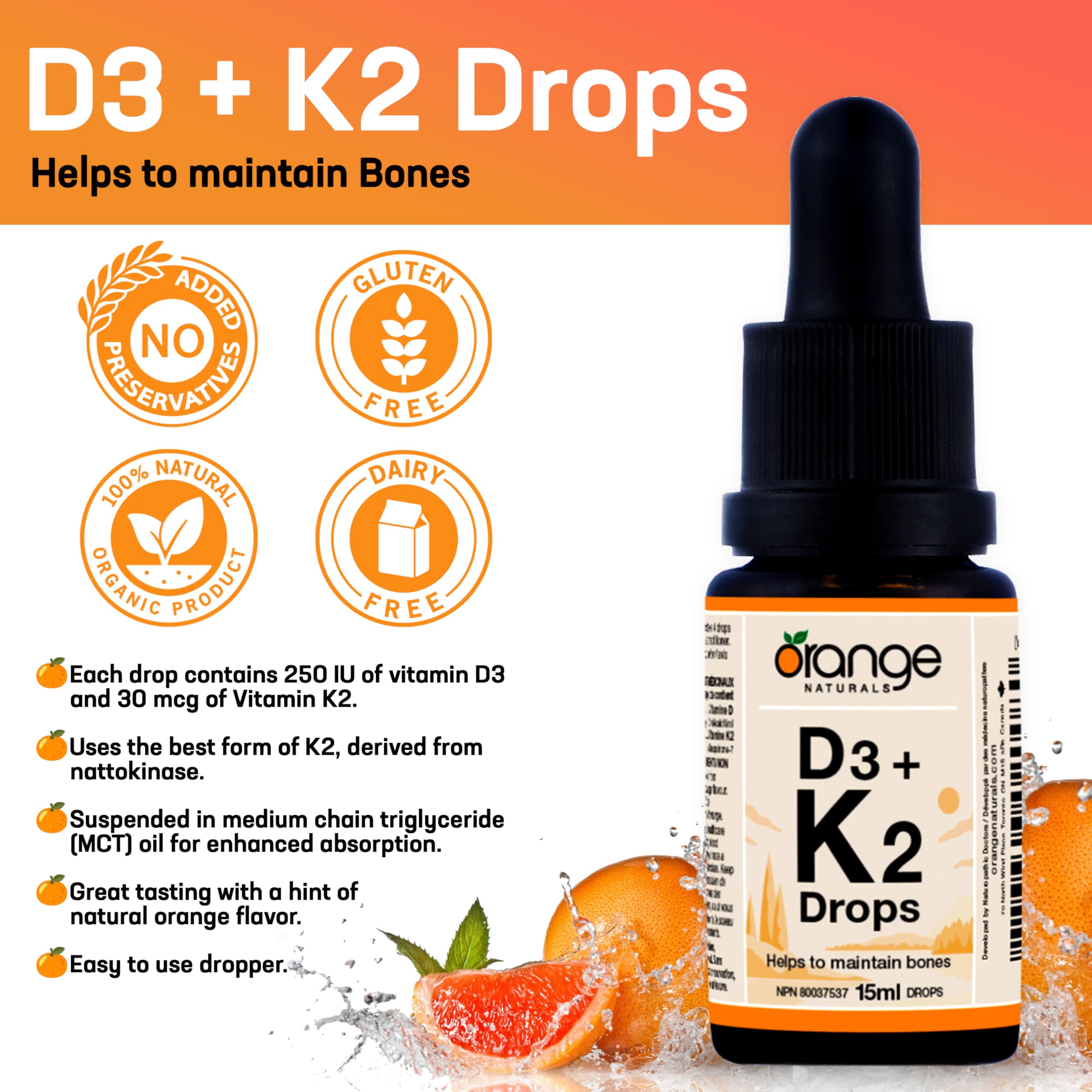 Orange Naturals - Vitamin D3+K2 Drops 250IU 15ml, 75-Day Supply - Natural Orange Flavour - Support Bone, Teeth Health, Maintain Muscle, Enhanced Absorption and Prevent D Deficiency Cholecalciferol