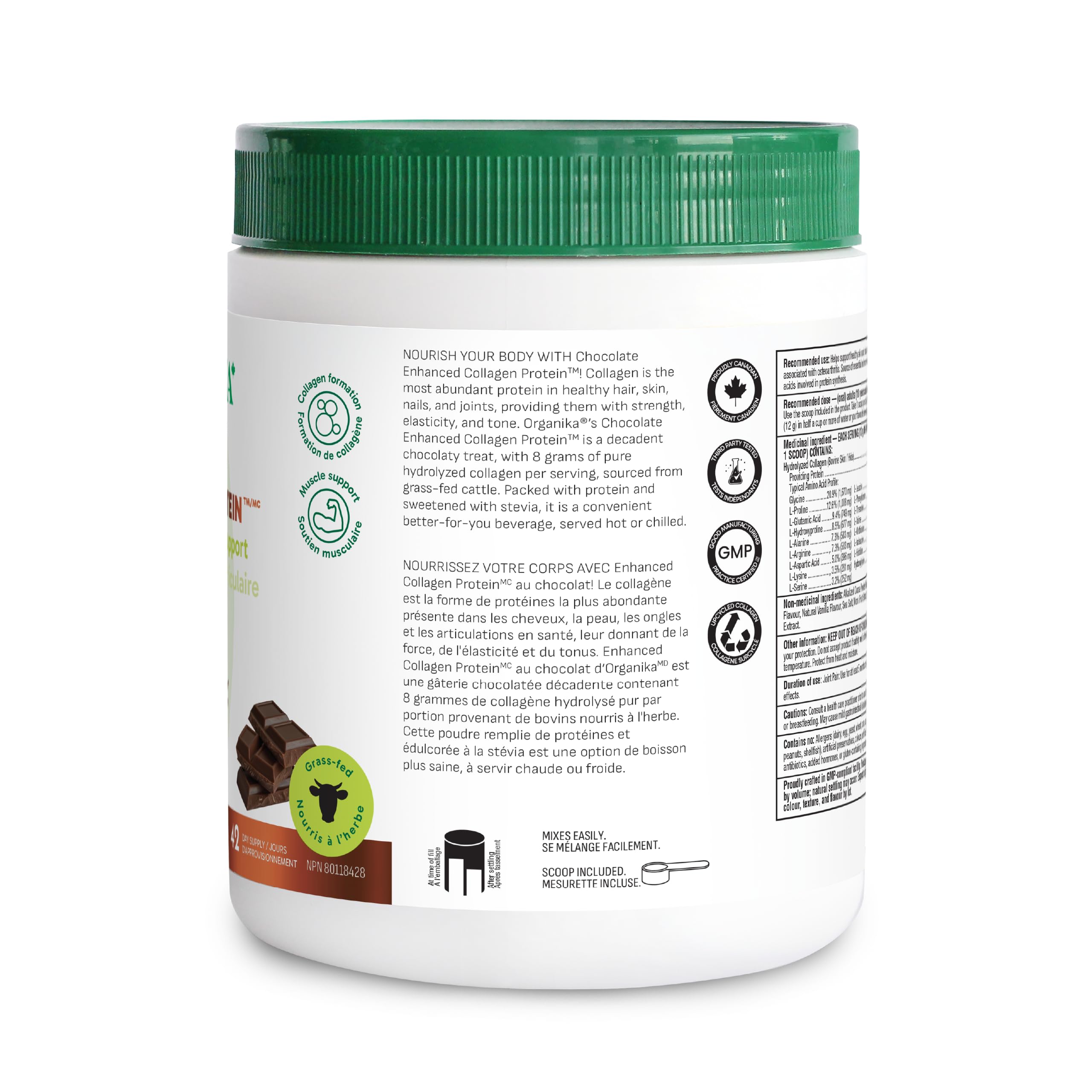 Organika Chocolate Enhanced Collagen Powder (Type 1 & 3) – 10g Per Serving for Hair, Skin, Nails & Joints – Canadian-Made, Grass-Fed, Non-GMO, 504g