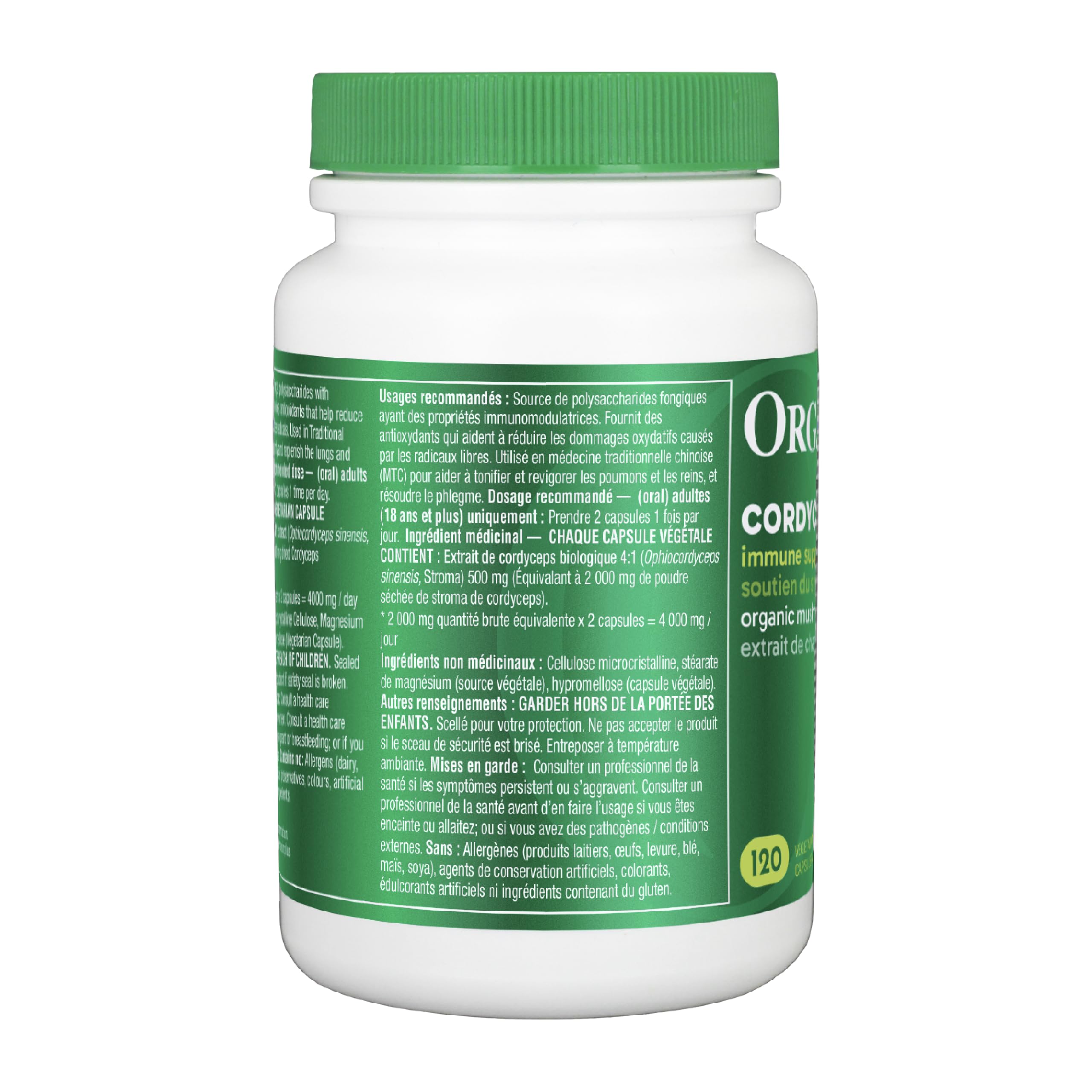 Organika Cordyceps Mushroom- Organic 500mg 4:1 Extract- Immune Support, Antioxidant Support- 120vcaps