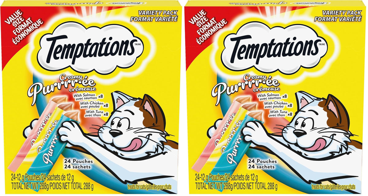 Temptations Creamy Puree Adult Lickable Cat Treats with Chicken & Salmon & Tuna Variety Pack, 24 Pouches, 288g (Pack of 2)