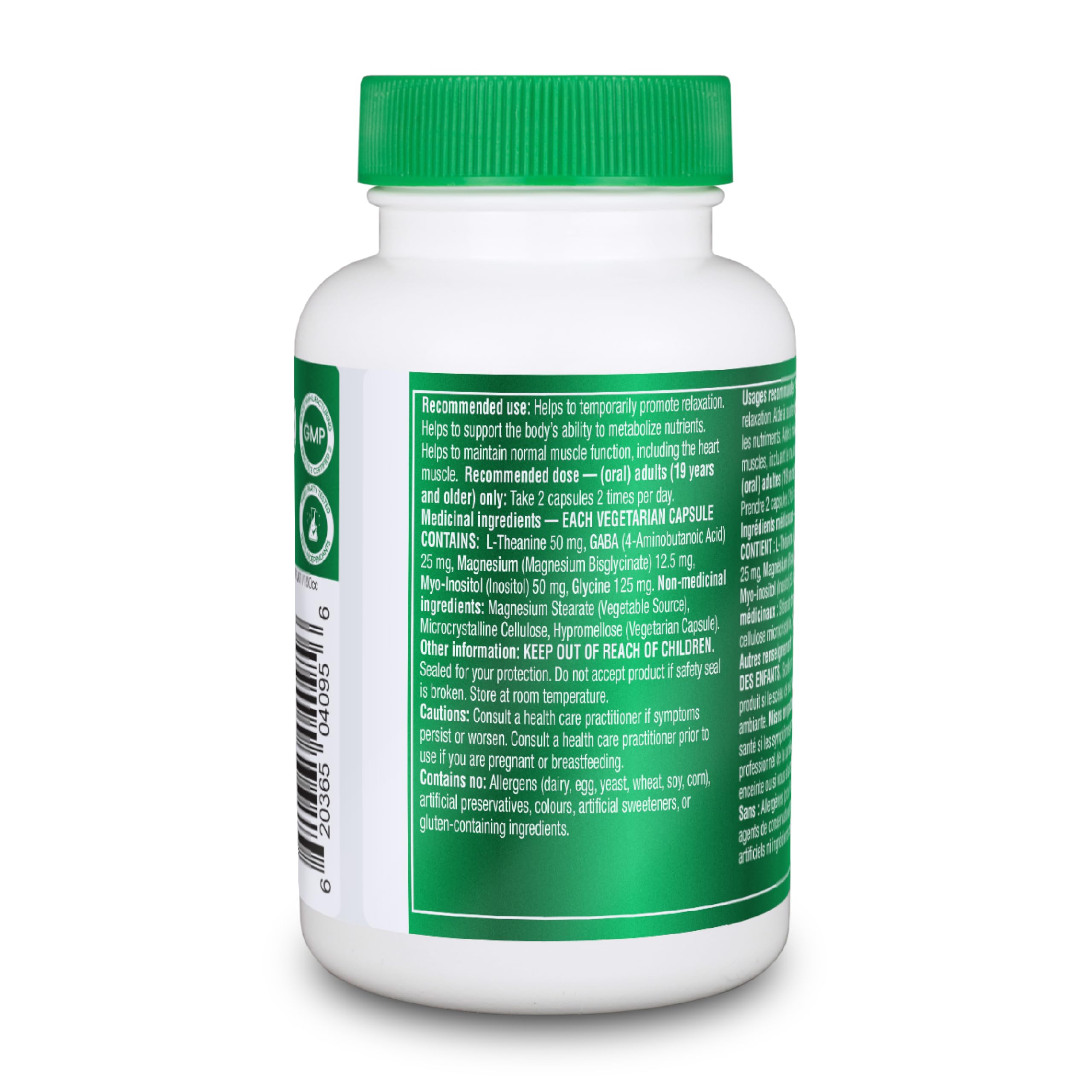 Organika Canadian-Made Mind Calm- with Magnesium Bisglycinate, L-Theanine, GABA, Inositol- Promotes Relaxation and Calm without Drowsiness- 120vcaps