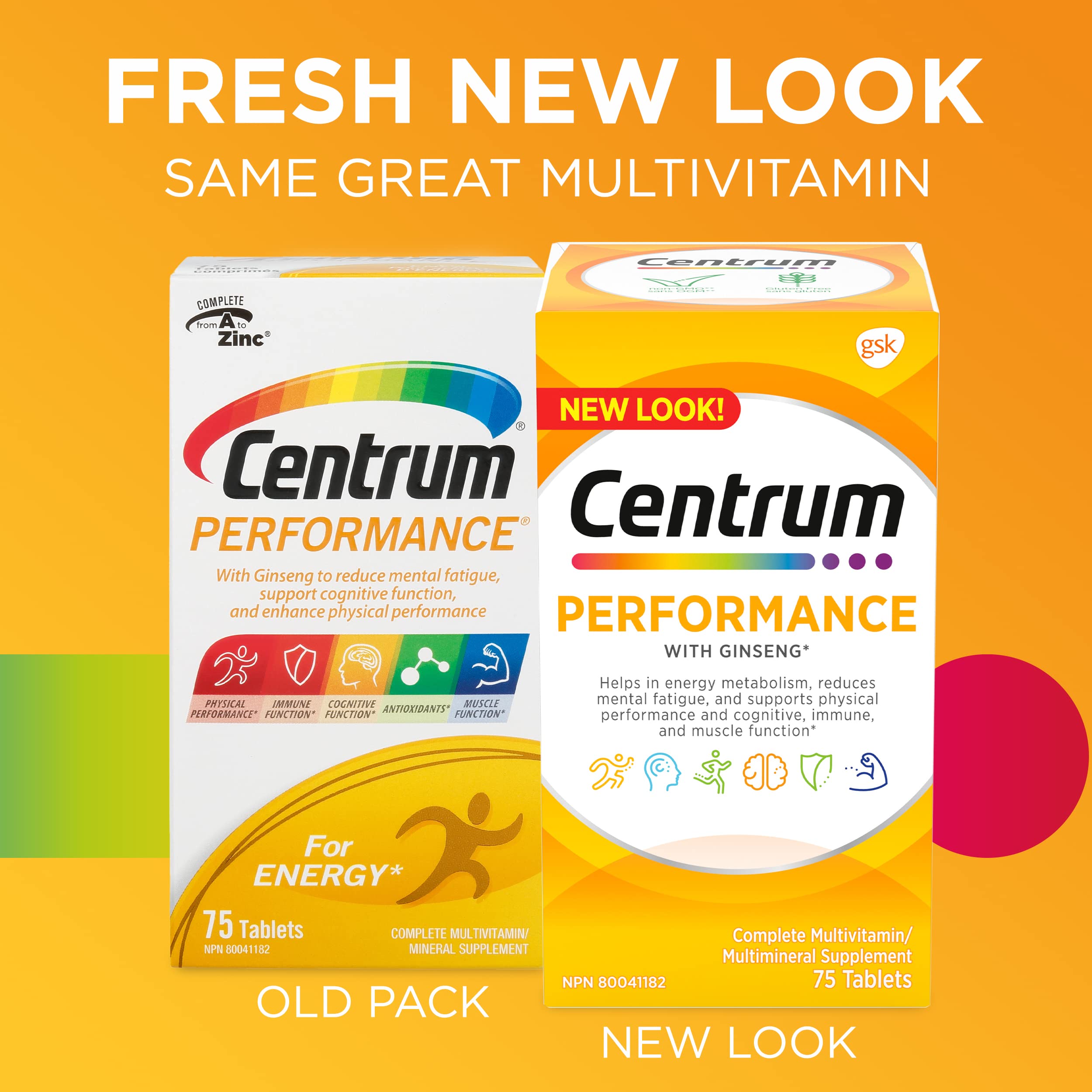 Centrum Performance Multivitamins/Minerals Supplement for Men & Women with Ginseng for Energy, 75 Tablets (Packaging May Vary)
