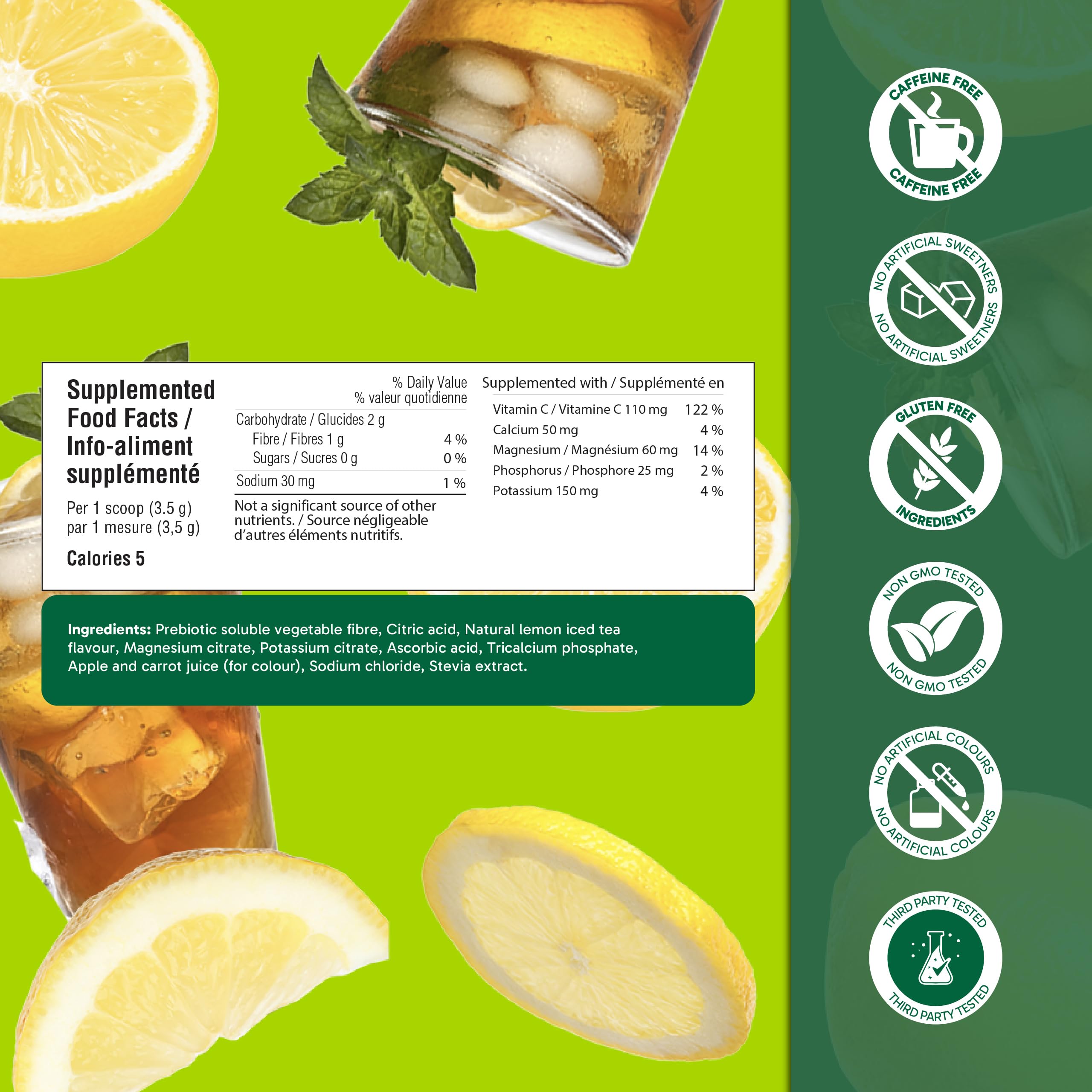 Organika Canadian-Made Electrolytes Powder with Vitamin C & Prebiotic Fibre - Sugar-Free Hydration Drink Mix - Lemon Iced Tea - 210 g - 60 servings
