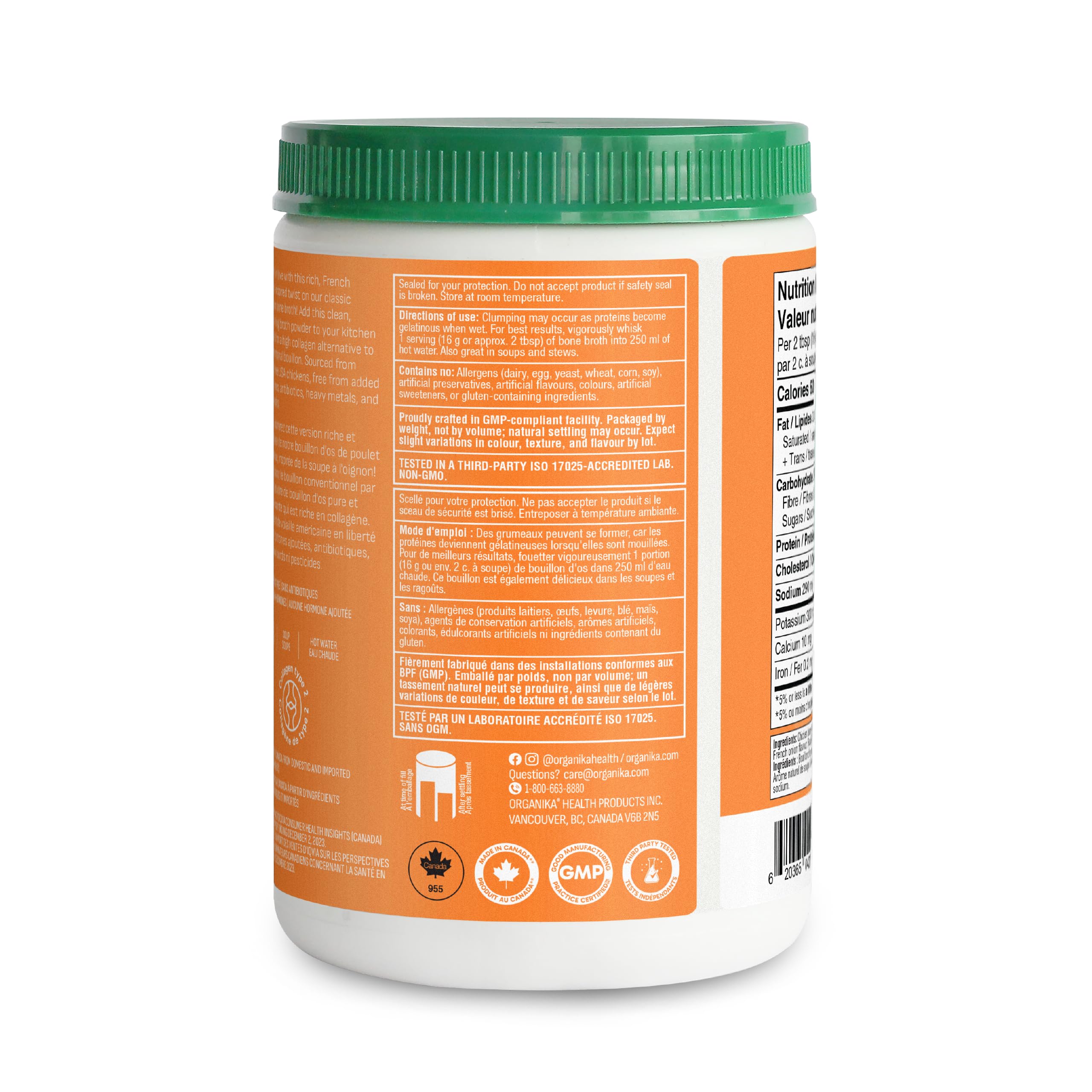 Organika Canadian-Made Chicken Bone Broth Powder French Onion Flavour-15g Protein Per Serving, Mineral-Rich, Convenient Powder Format, Keto|Free-Run, Non-GMO and Organic Vegetarian Fed-Chickens- 300g