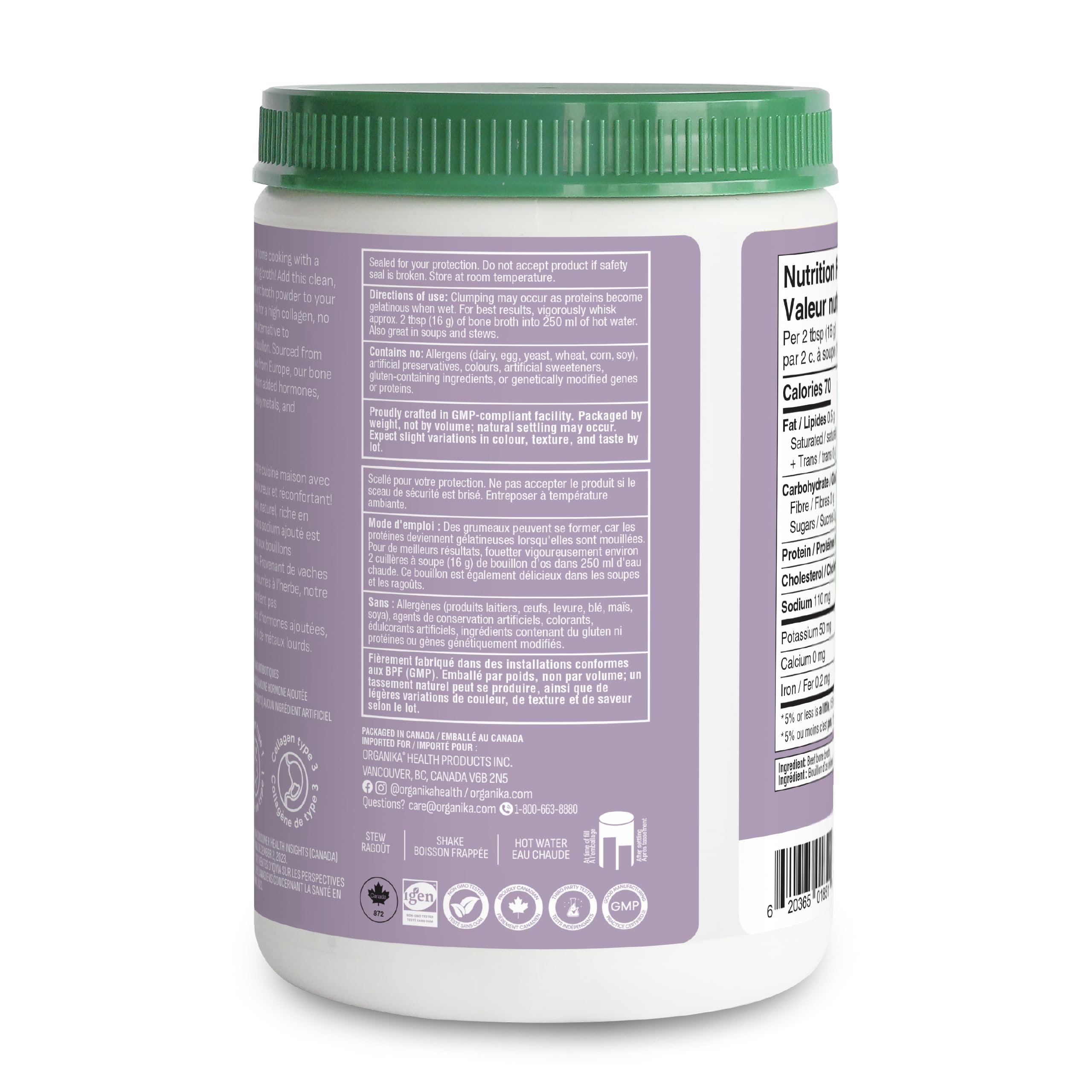 Organika Canadian-Made Beef Bone Broth Powder - Protein and Collagen Rich Bone Broth with Glucosamine and hyaluronic acid, from Grass-Fed Cattle whilst being Gluten and Dairy Free, Keto Friendly 300g
